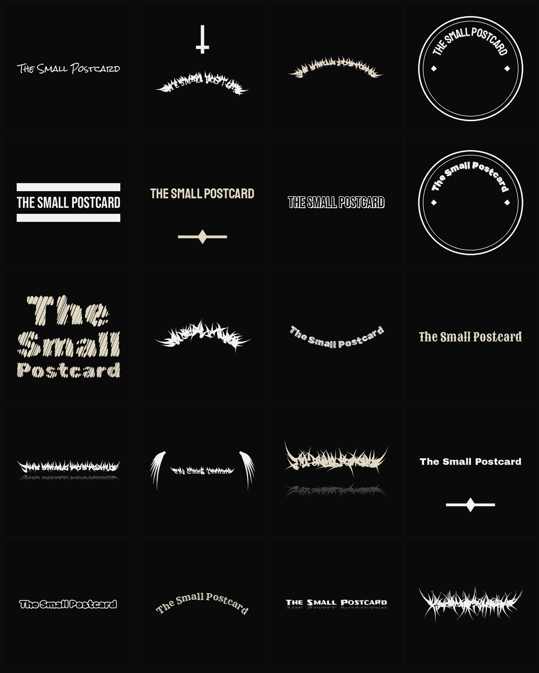 Twenty The Small Postcard band logo ideas — different faces, treatments and spike settings