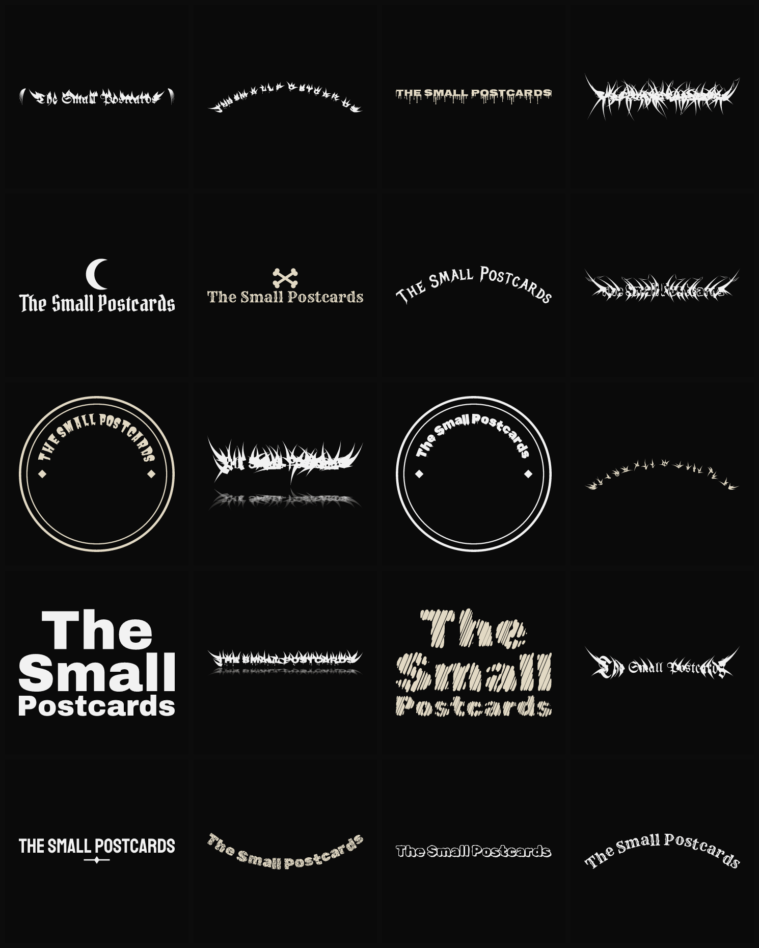 Twenty The Small Postcards band logo ideas — different faces, treatments and spike settings