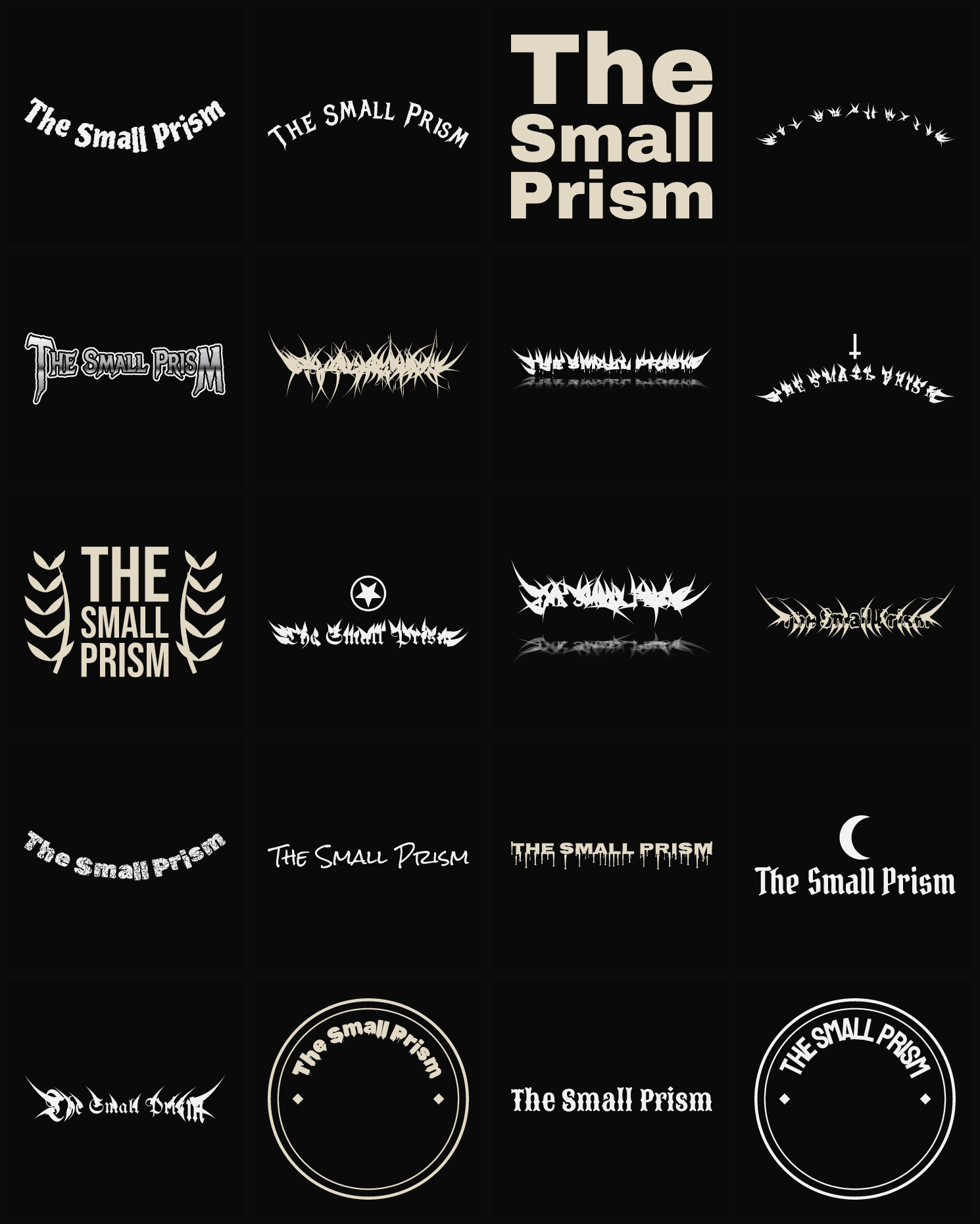 Twenty The Small Prism band logo ideas — different faces, treatments and spike settings