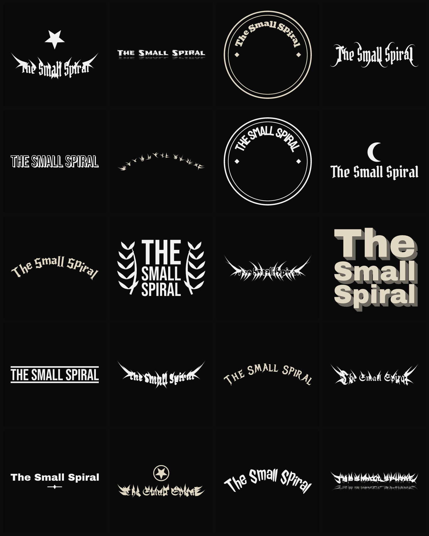 Twenty The Small Spiral band logo ideas — different faces, treatments and spike settings