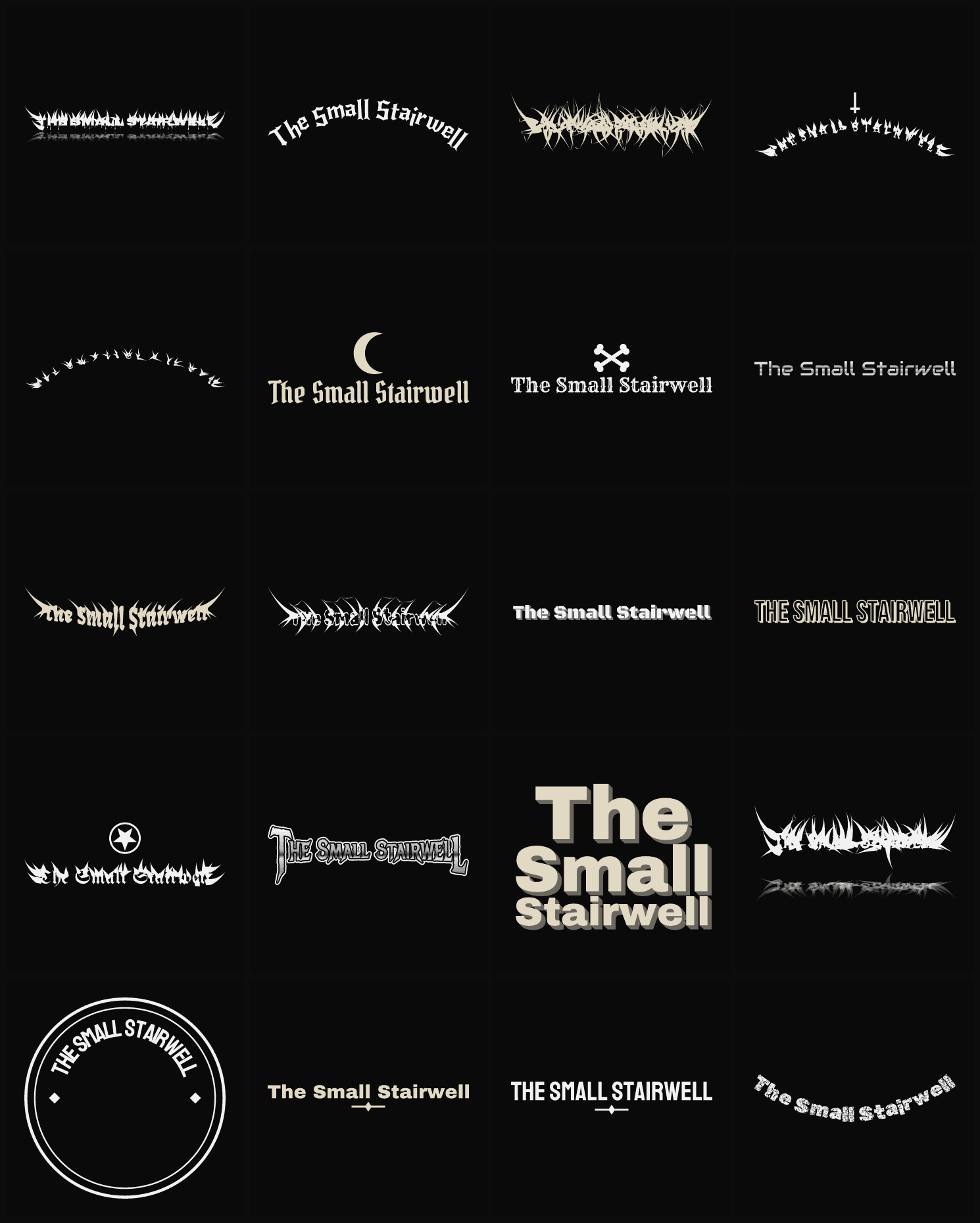 Twenty The Small Stairwell band logo ideas — different faces, treatments and spike settings