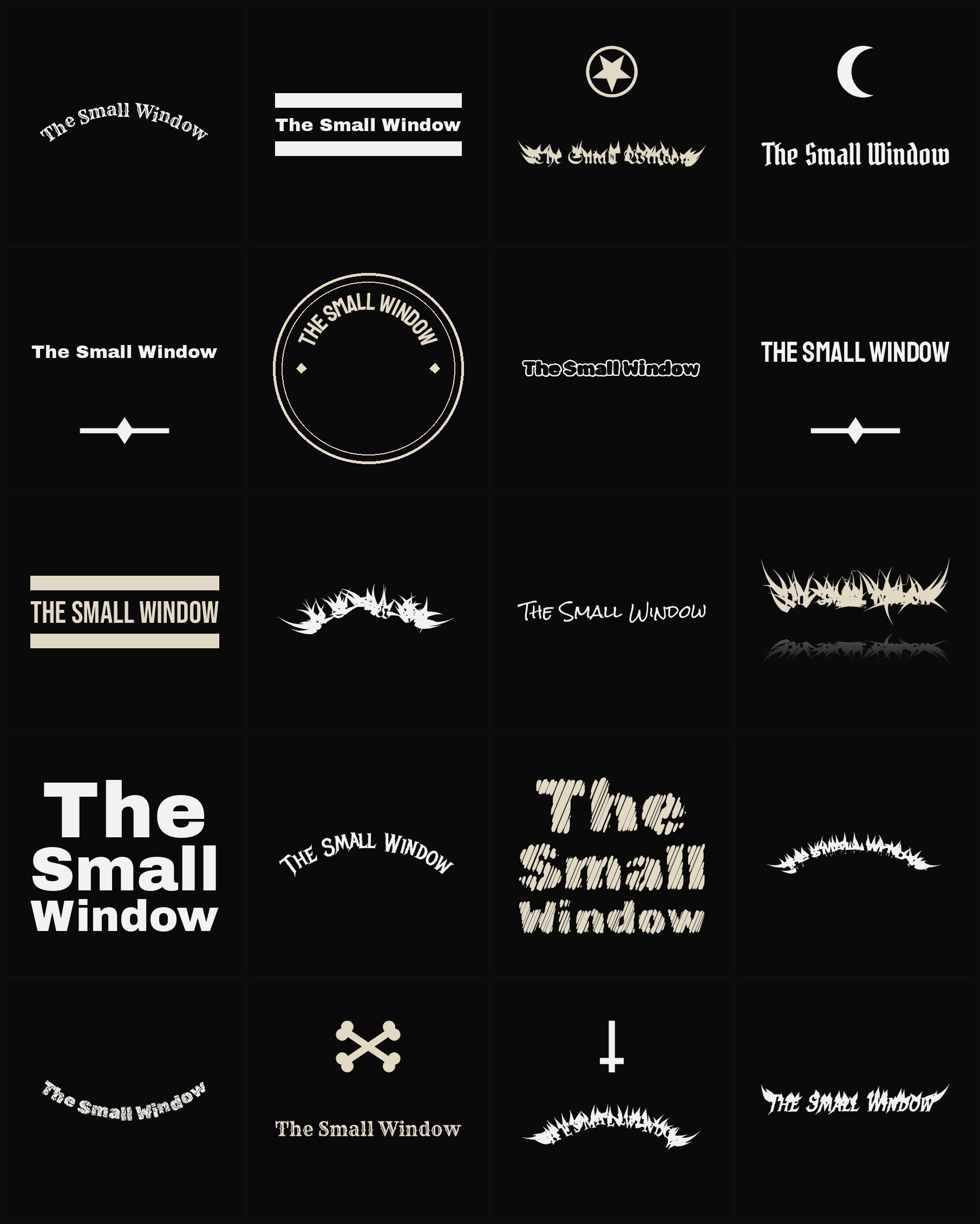 Twenty The Small Window band logo ideas — different faces, treatments and spike settings