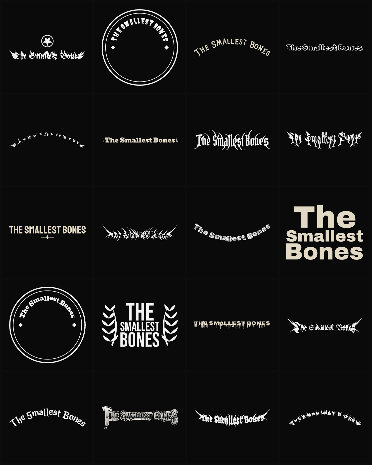 Twenty The Smallest Bones band logo ideas — different faces, treatments and spike settings