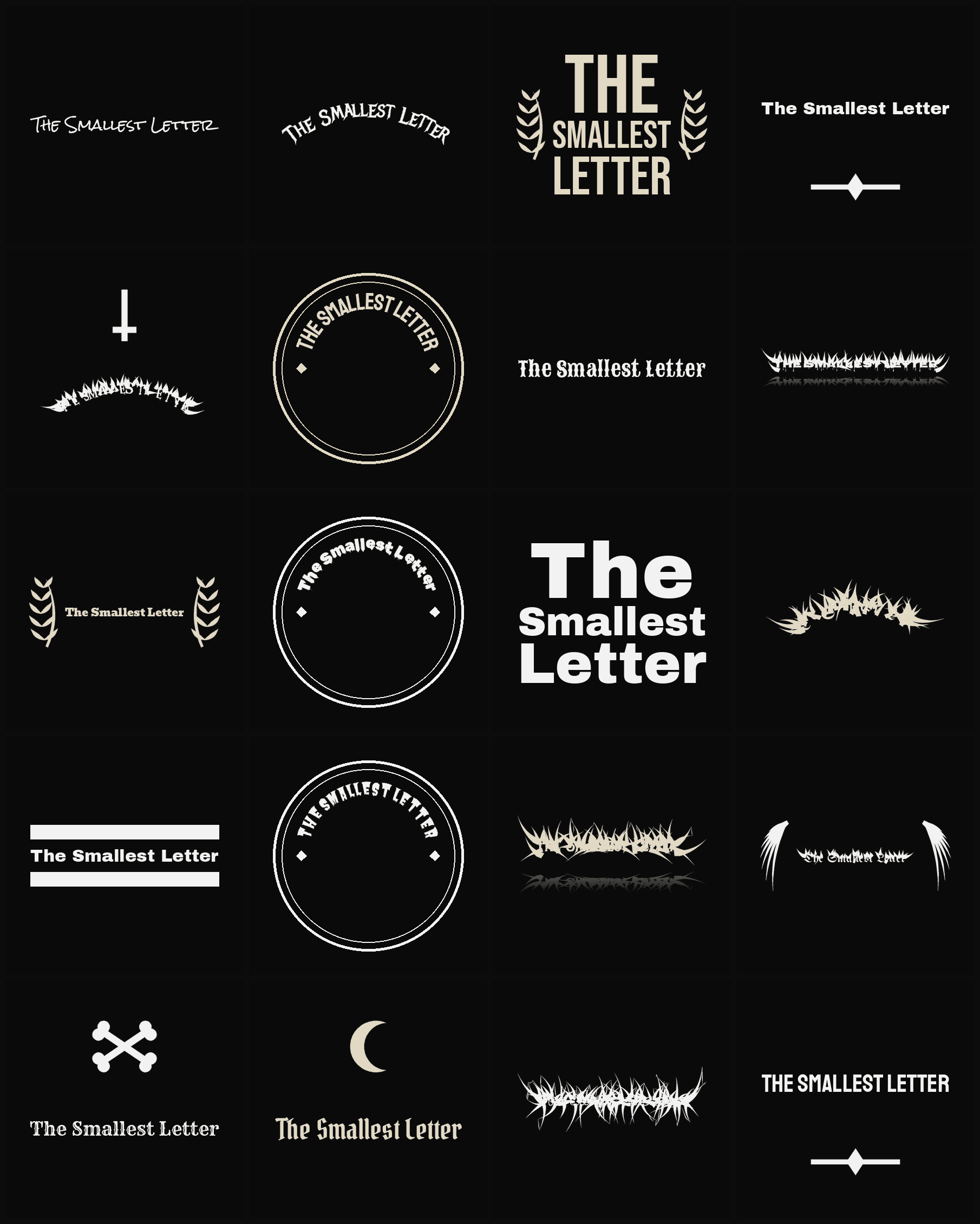 Twenty The Smallest Letter band logo ideas — different faces, treatments and spike settings