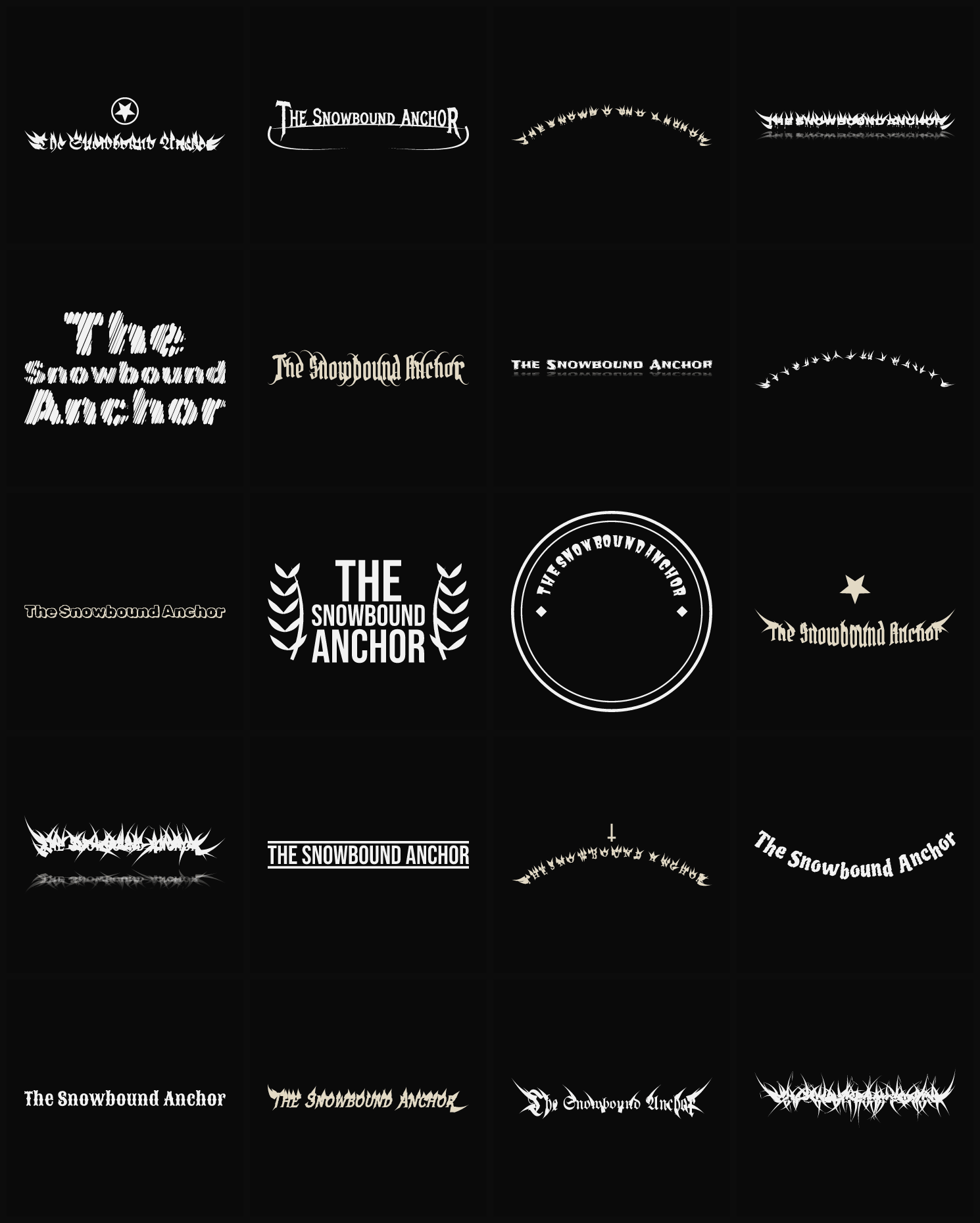 Twenty The Snowbound Anchor band logo ideas — different faces, treatments and spike settings