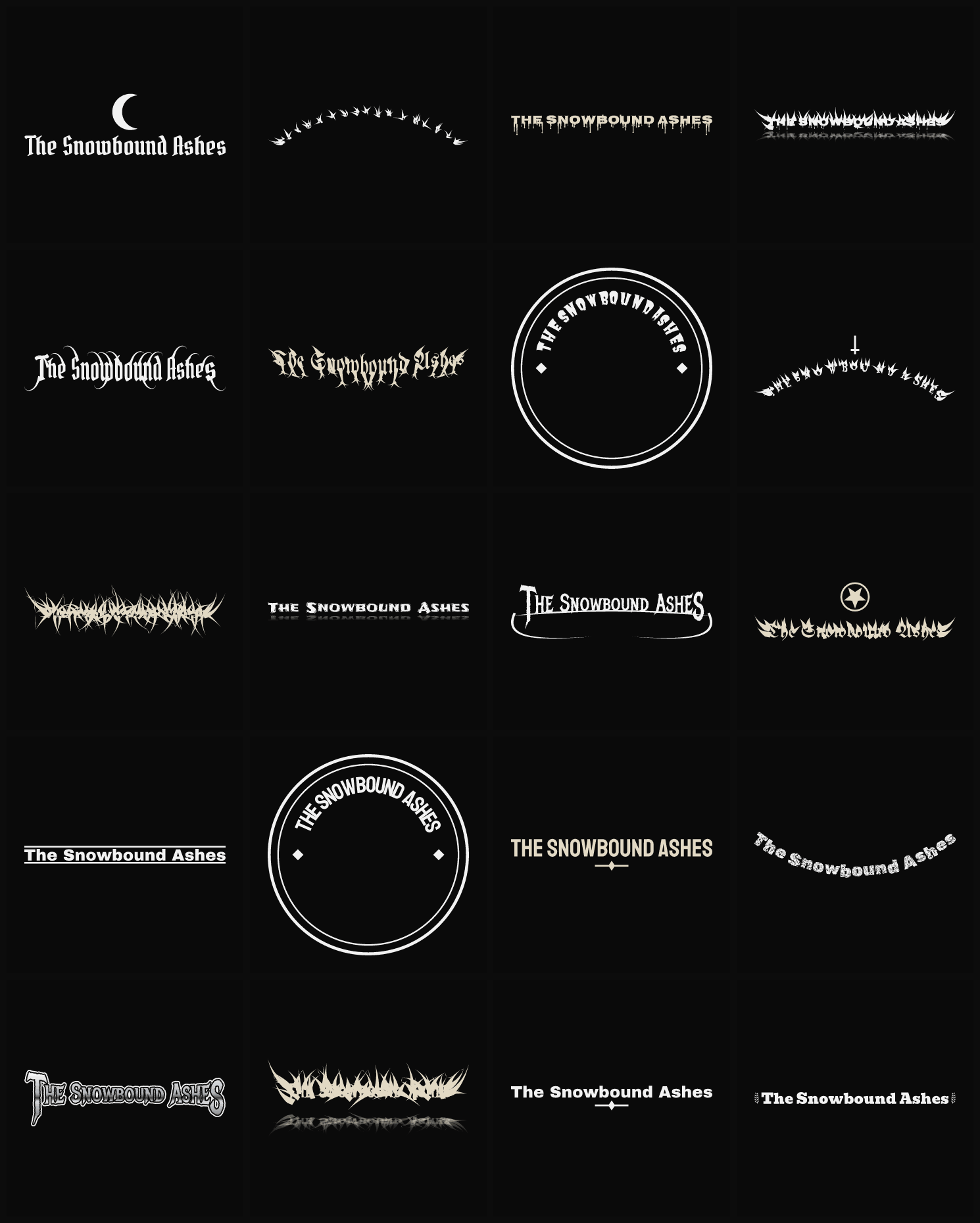Twenty The Snowbound Ashes band logo ideas — different faces, treatments and spike settings