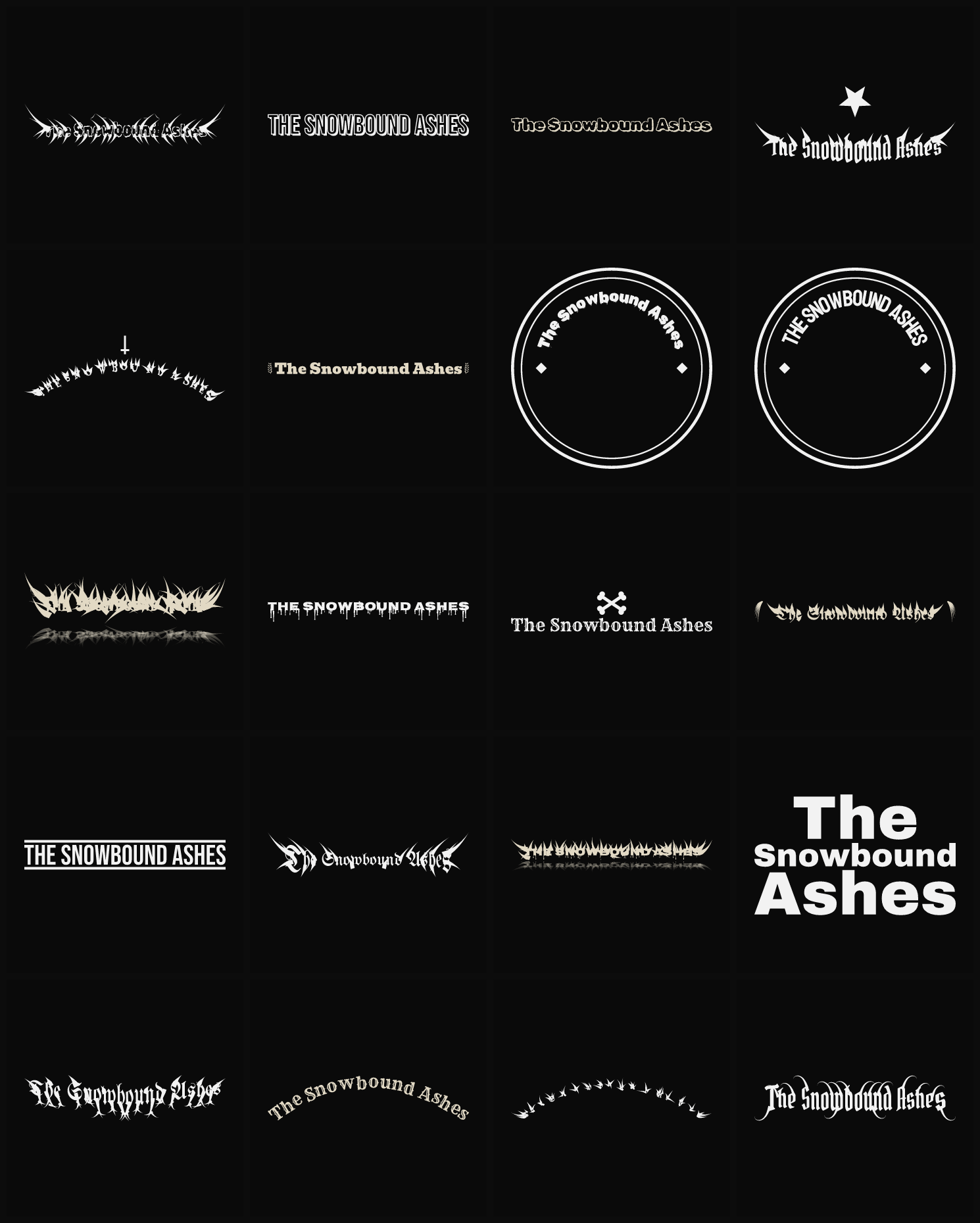 Twenty The Snowbound Ashes band logo ideas — different faces, treatments and spike settings