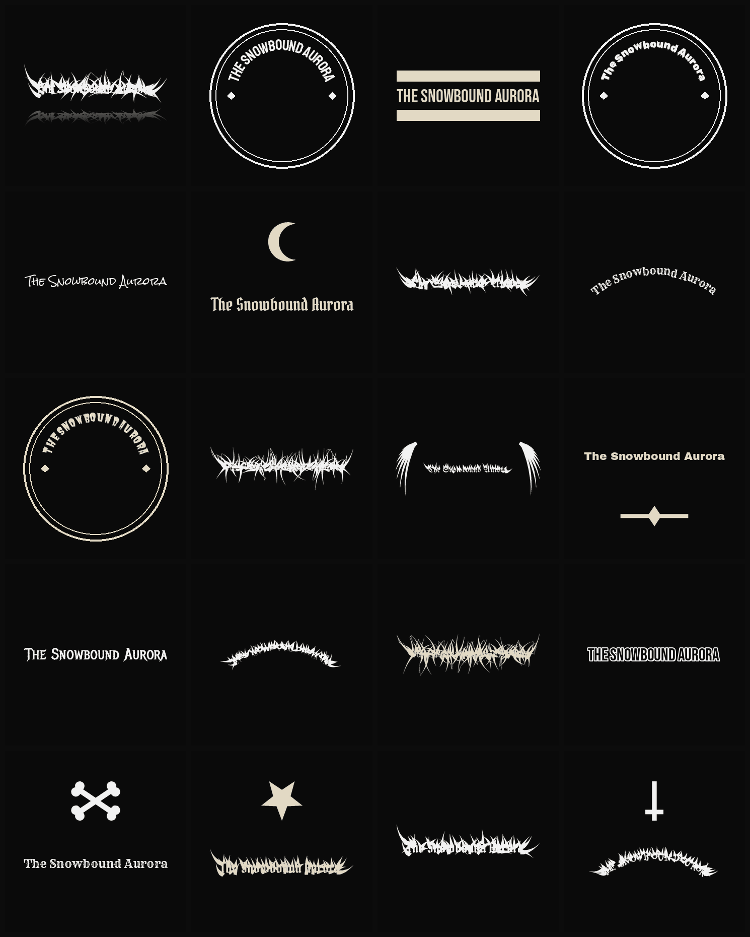 Twenty The Snowbound Aurora band logo ideas — different faces, treatments and spike settings
