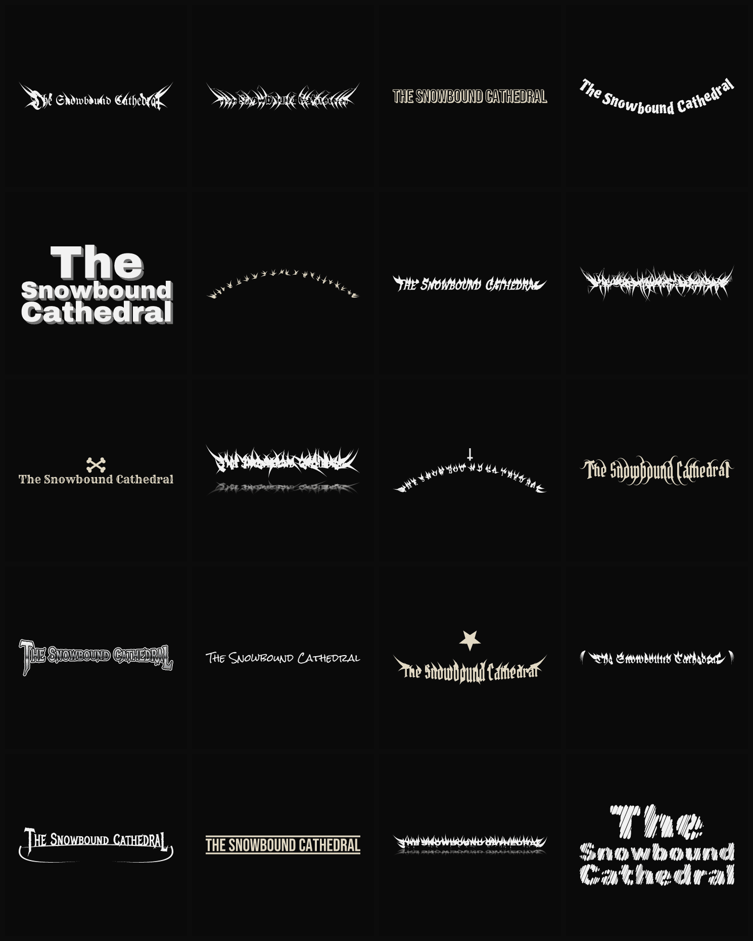 Twenty The Snowbound Cathedral band logo ideas — different faces, treatments and spike settings
