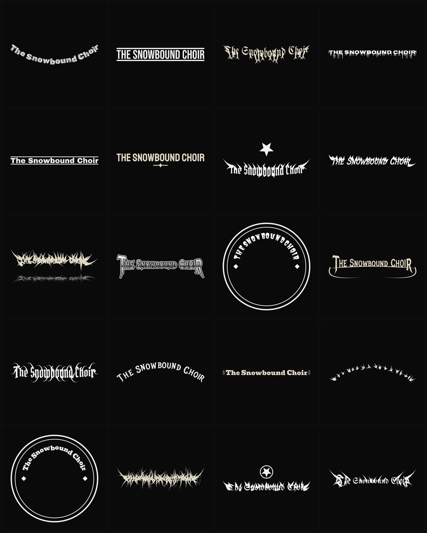 Twenty The Snowbound Choir band logo ideas — different faces, treatments and spike settings