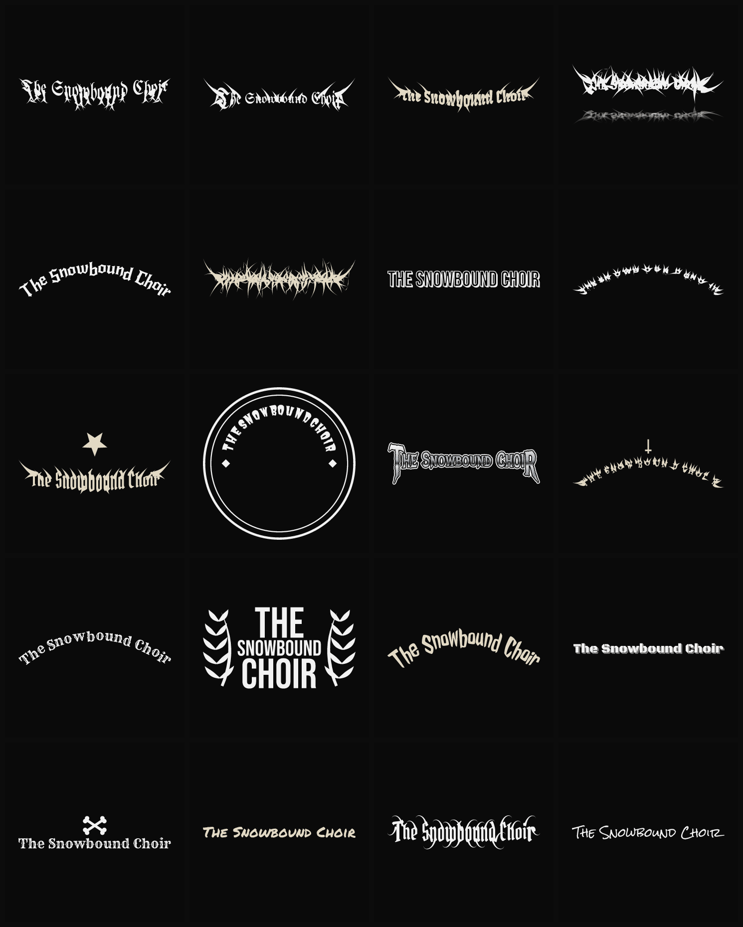 Twenty The Snowbound Choir band logo ideas — different faces, treatments and spike settings