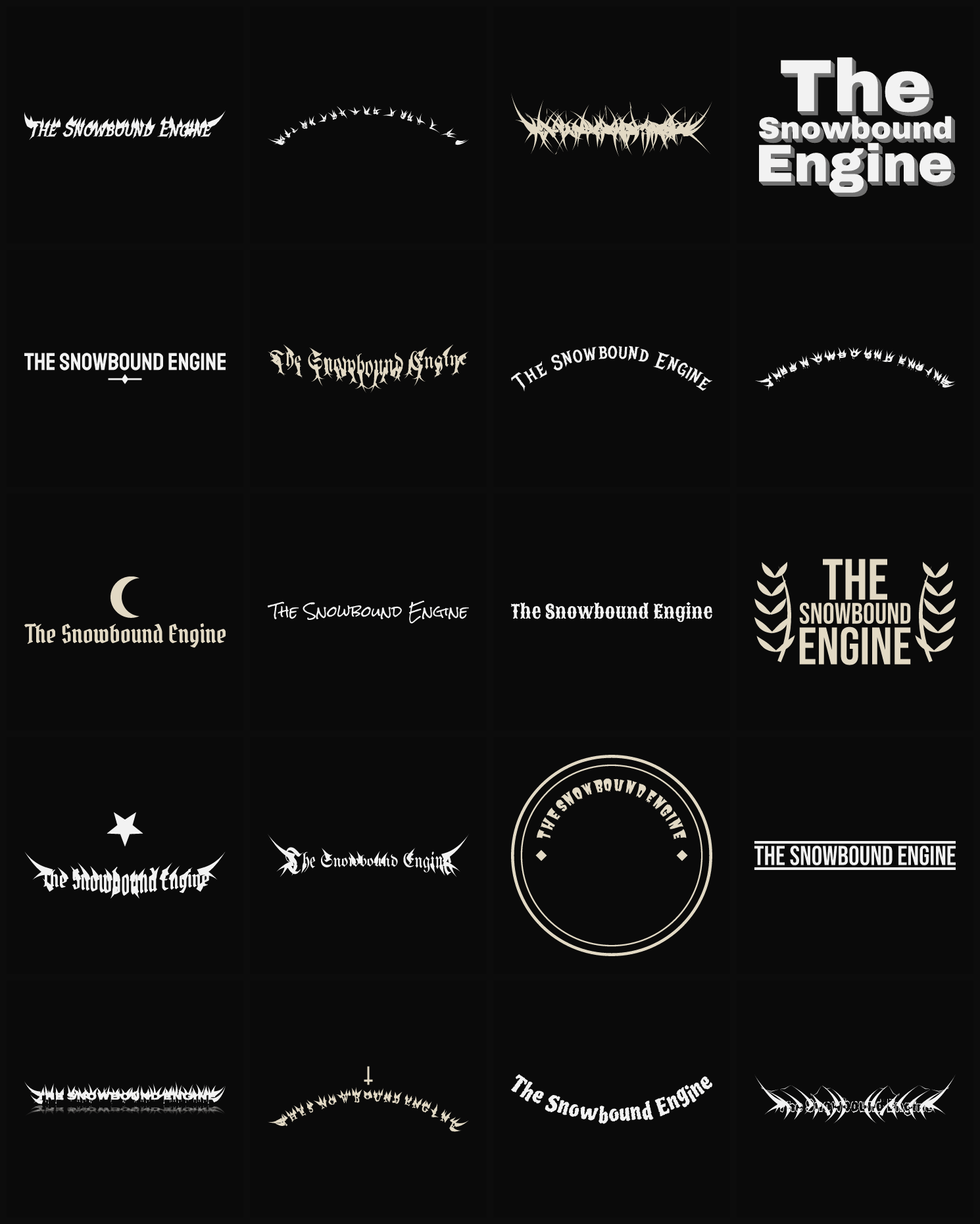 Twenty The Snowbound Engine band logo ideas — different faces, treatments and spike settings