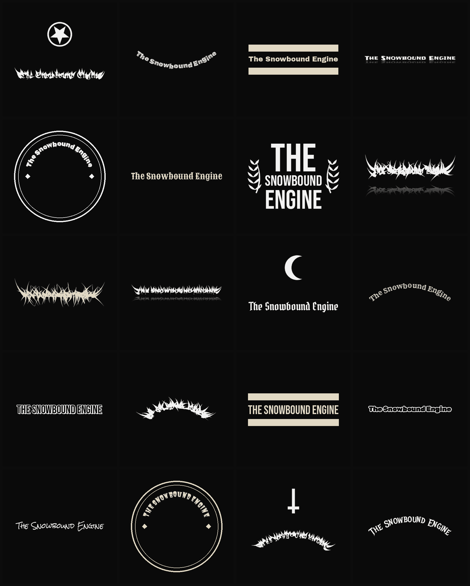 Twenty The Snowbound Engine band logo ideas — different faces, treatments and spike settings