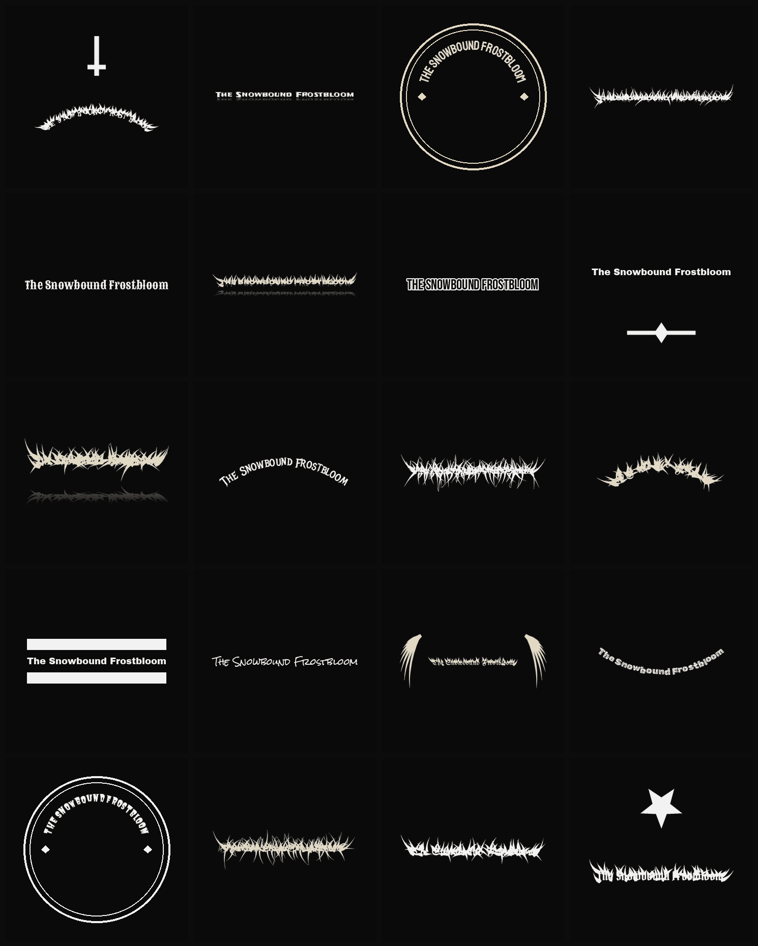 Twenty The Snowbound Frostbloom band logo ideas — different faces, treatments and spike settings