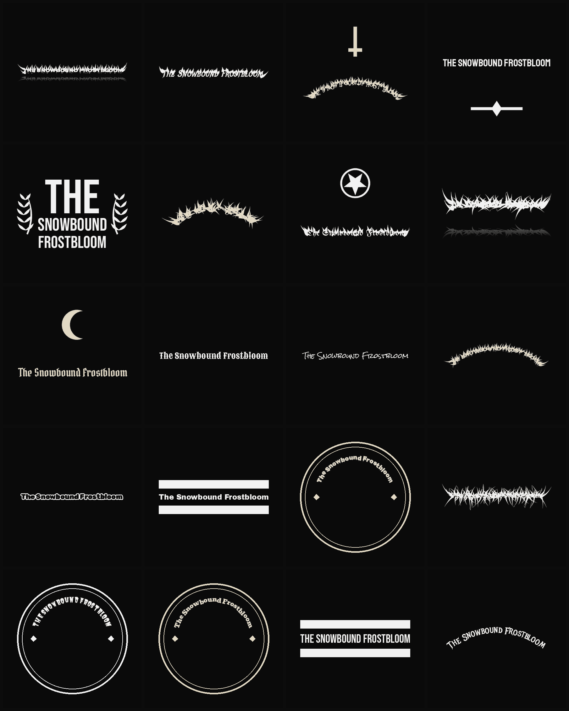 Twenty The Snowbound Frostbloom band logo ideas — different faces, treatments and spike settings