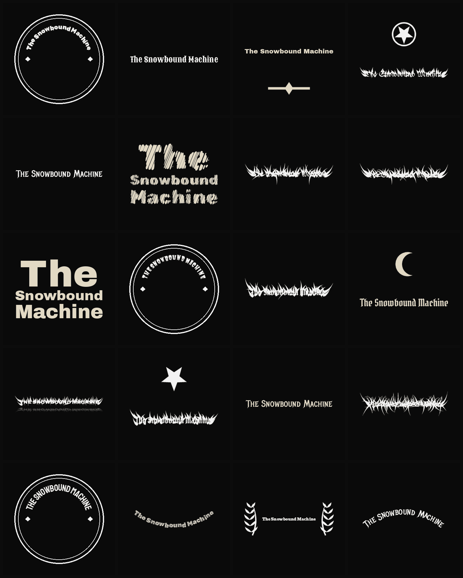 Twenty The Snowbound Machine band logo ideas — different faces, treatments and spike settings
