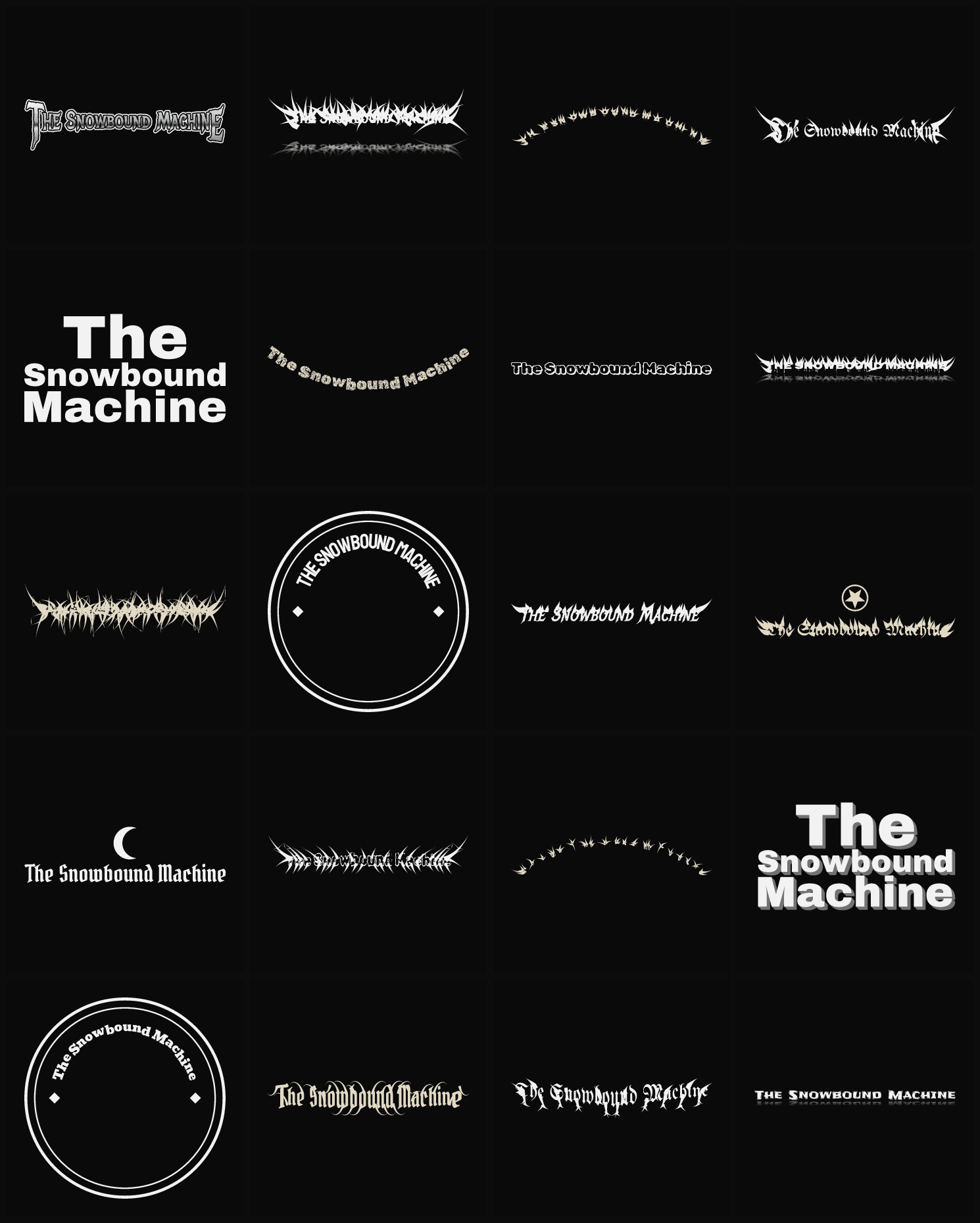 Twenty The Snowbound Machine band logo ideas — different faces, treatments and spike settings