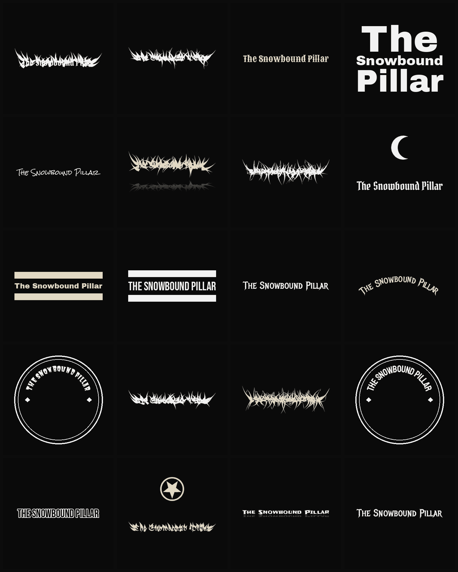 Twenty The Snowbound Pillar band logo ideas — different faces, treatments and spike settings