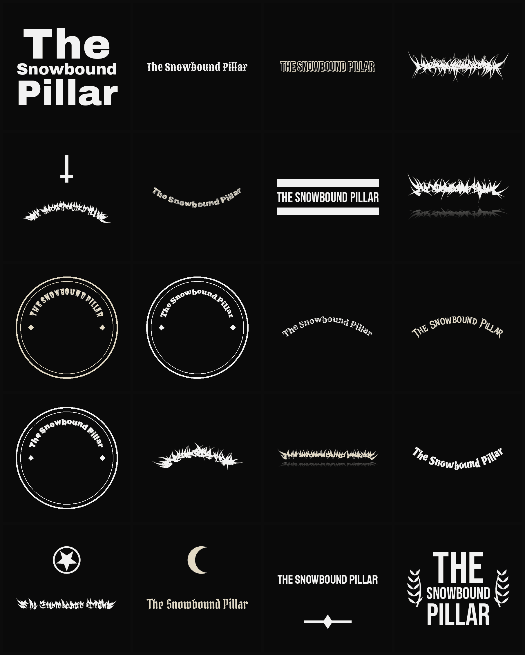 Twenty The Snowbound Pillar band logo ideas — different faces, treatments and spike settings