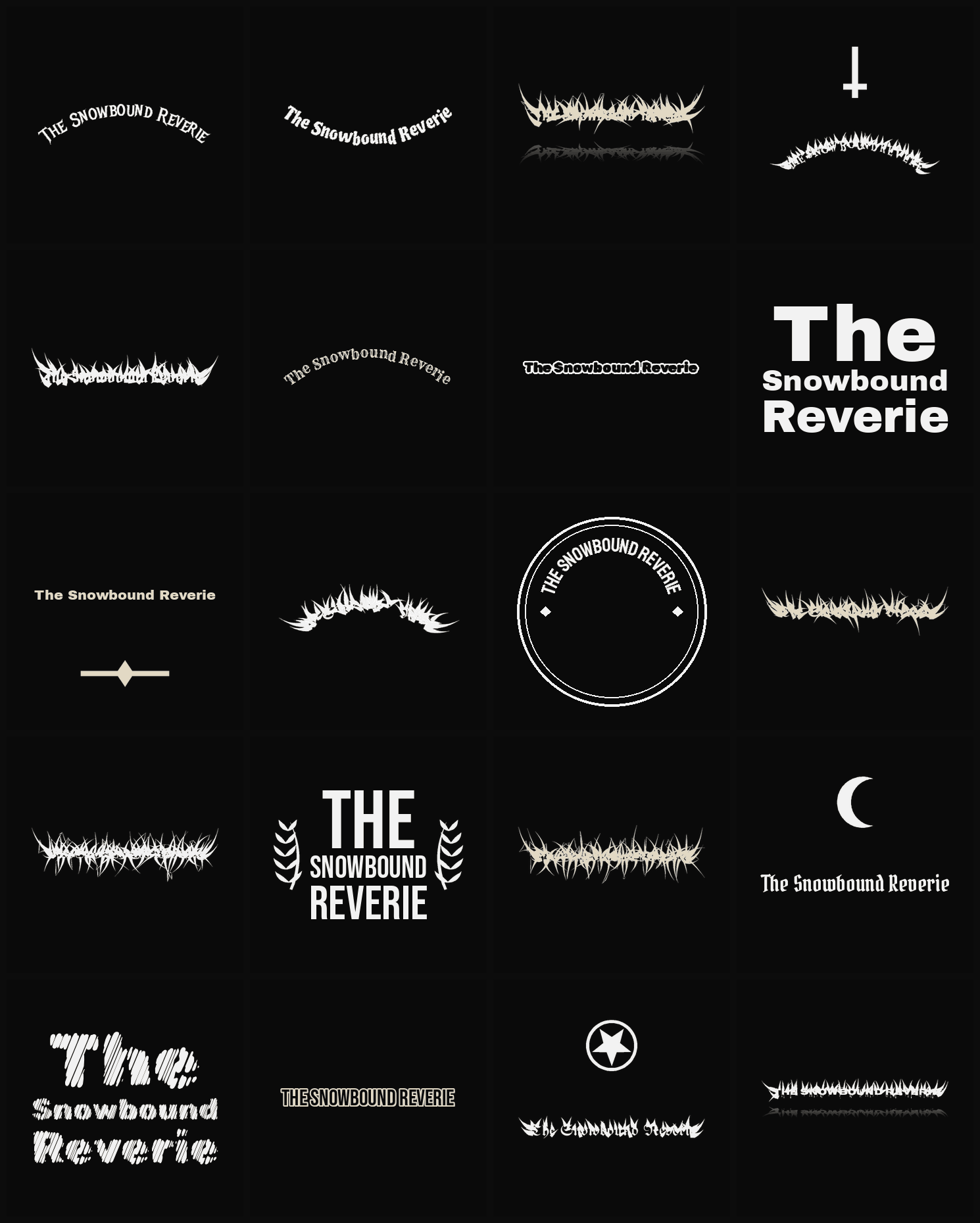 Twenty The Snowbound Reverie band logo ideas — different faces, treatments and spike settings