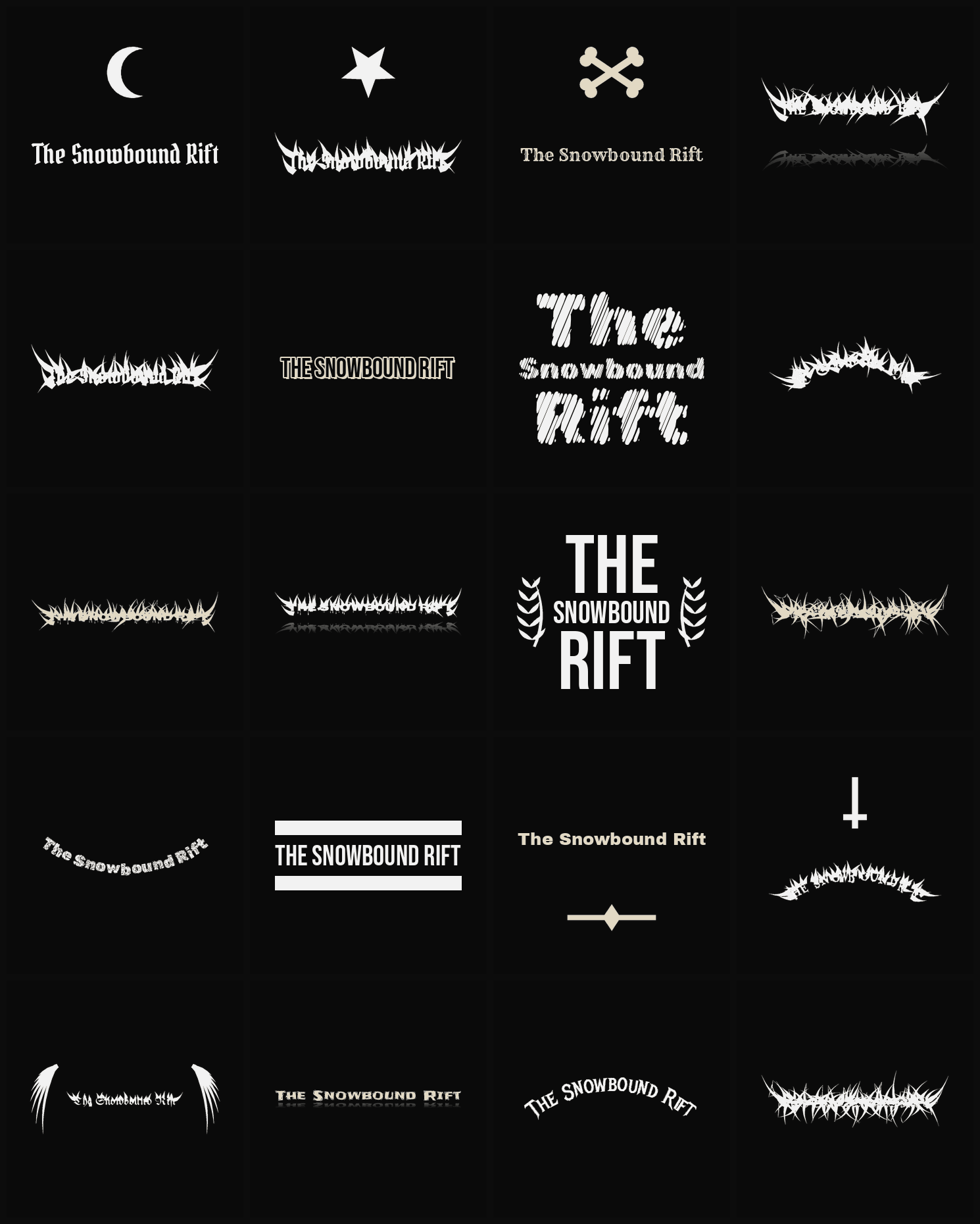 Twenty The Snowbound Rift band logo ideas — different faces, treatments and spike settings