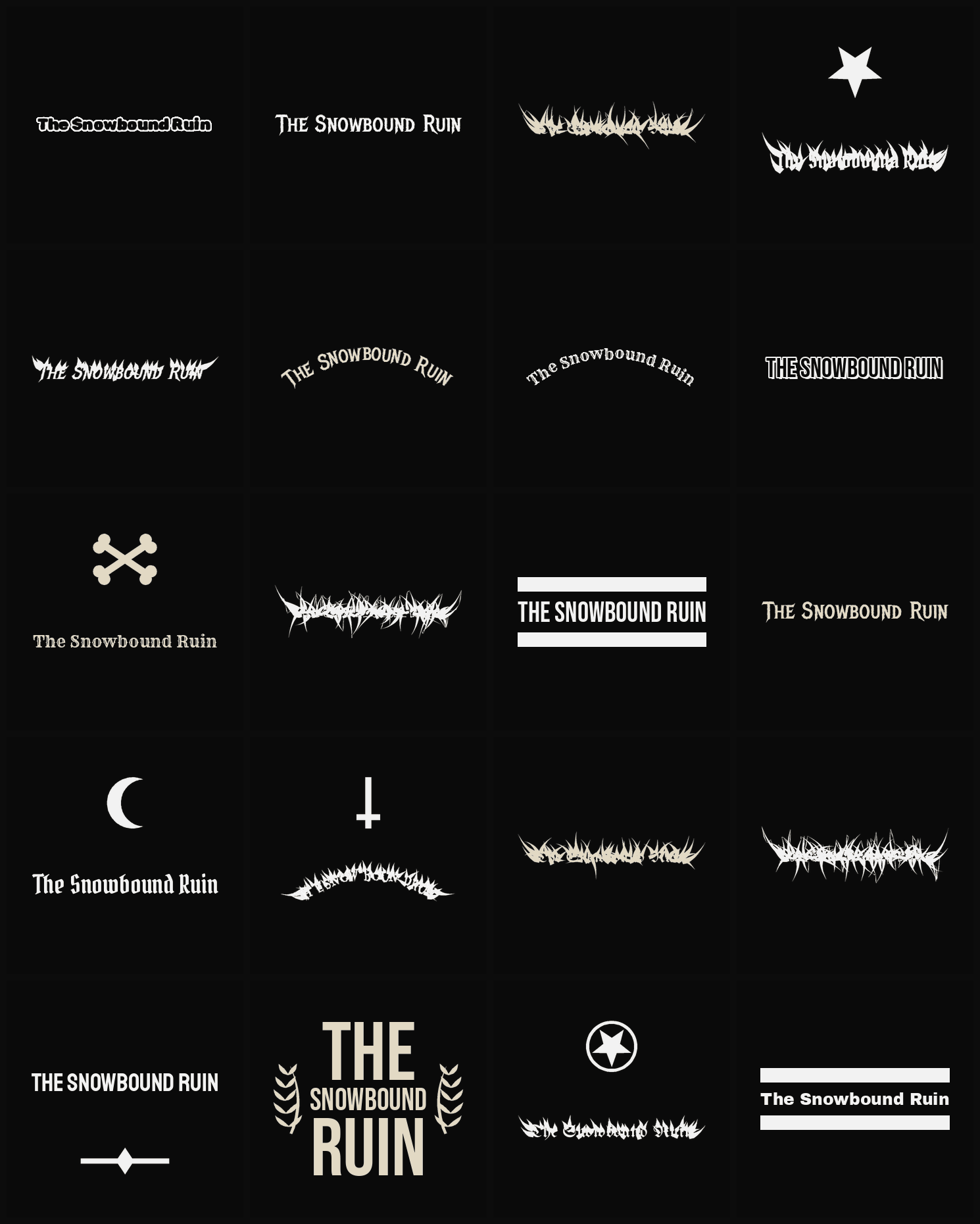 Twenty The Snowbound Ruin band logo ideas — different faces, treatments and spike settings