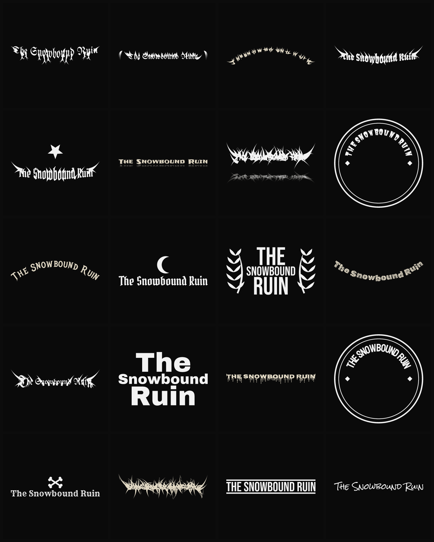 Twenty The Snowbound Ruin band logo ideas — different faces, treatments and spike settings