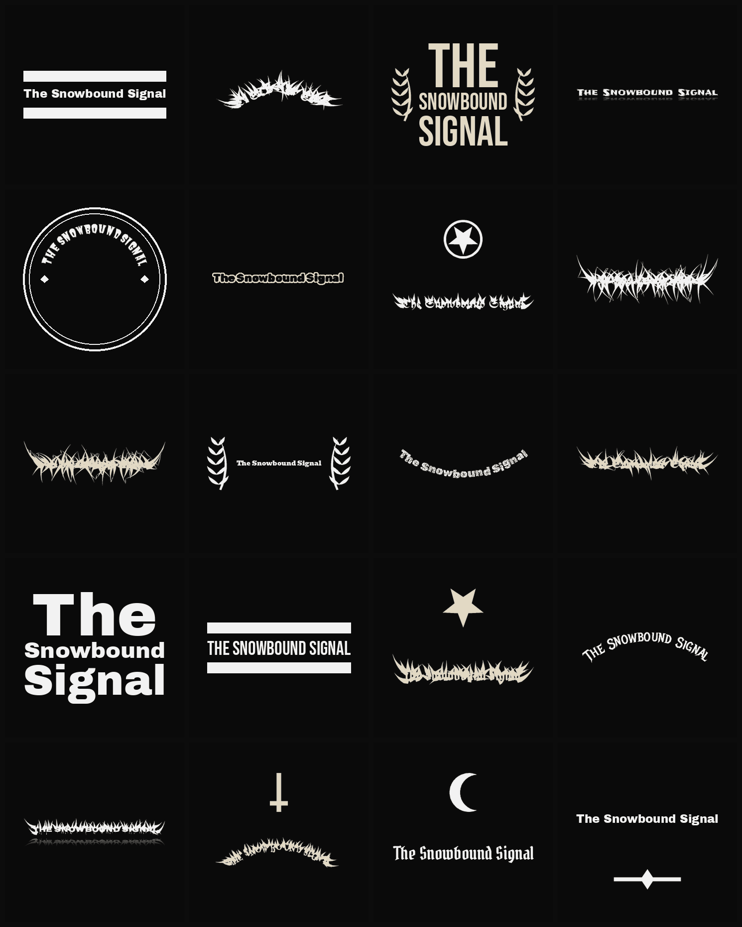 Twenty The Snowbound Signal band logo ideas — different faces, treatments and spike settings