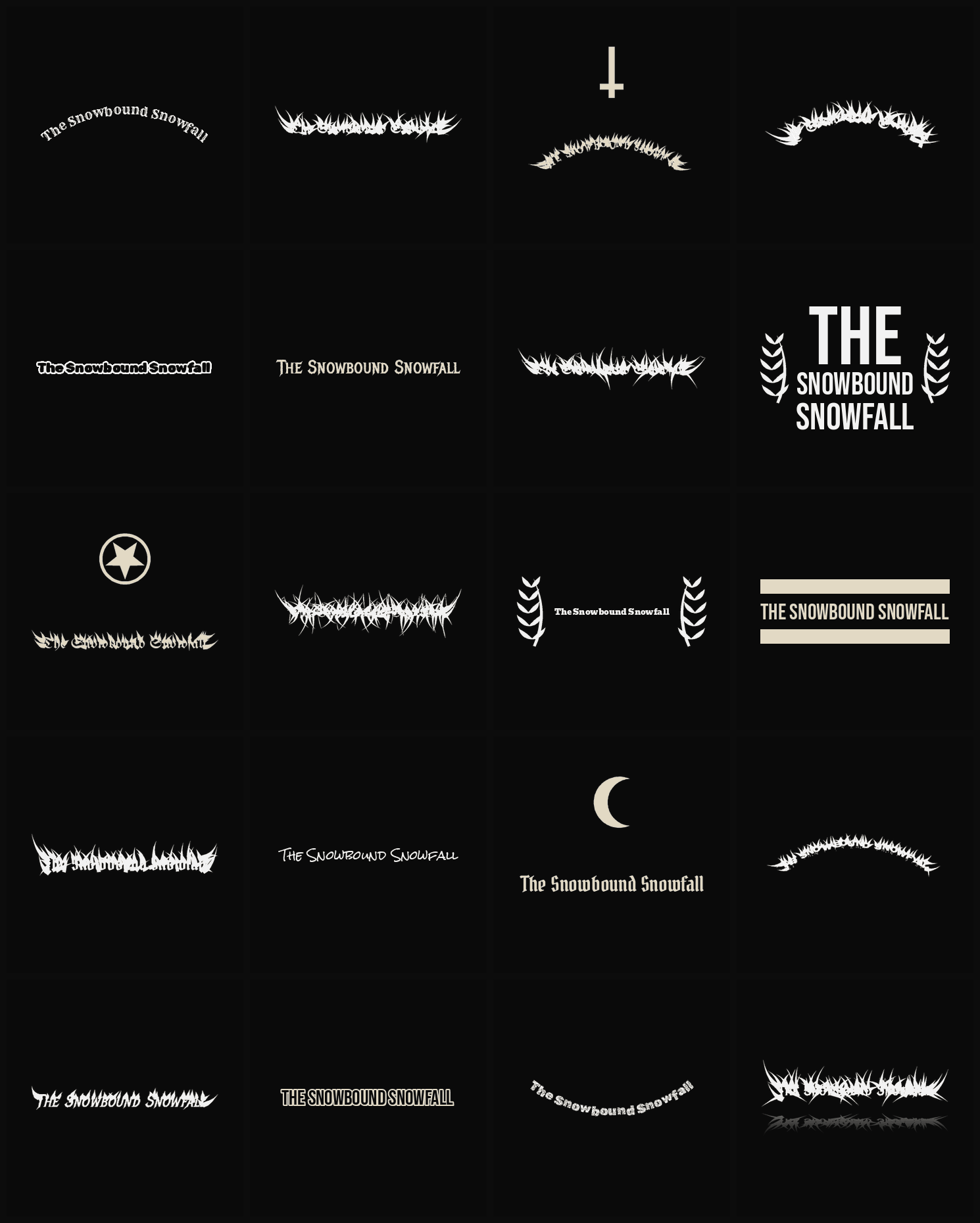 Twenty The Snowbound Snowfall band logo ideas — different faces, treatments and spike settings