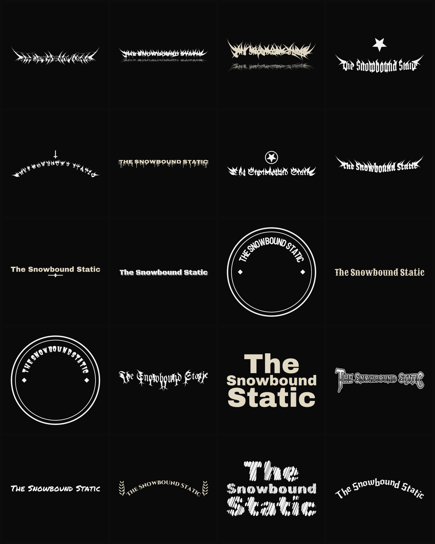 Twenty The Snowbound Static band logo ideas — different faces, treatments and spike settings