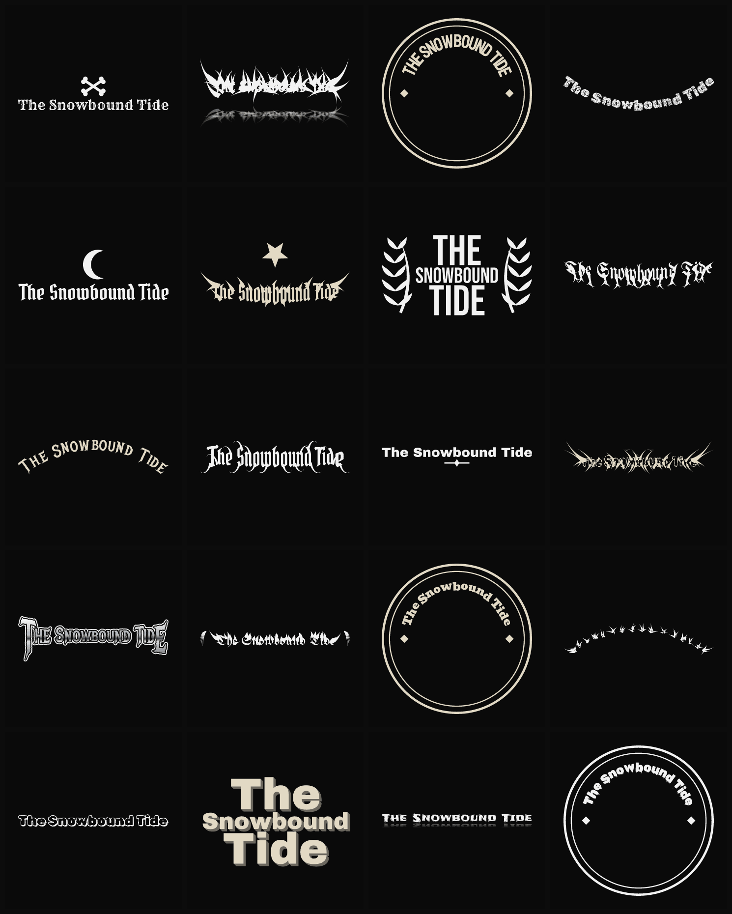 Twenty The Snowbound Tide band logo ideas — different faces, treatments and spike settings
