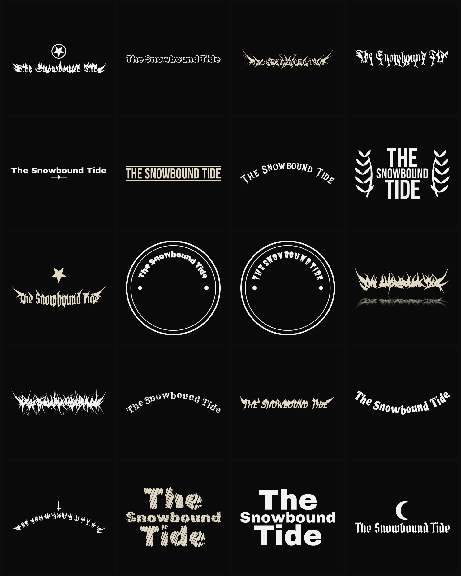 Twenty The Snowbound Tide band logo ideas — different faces, treatments and spike settings