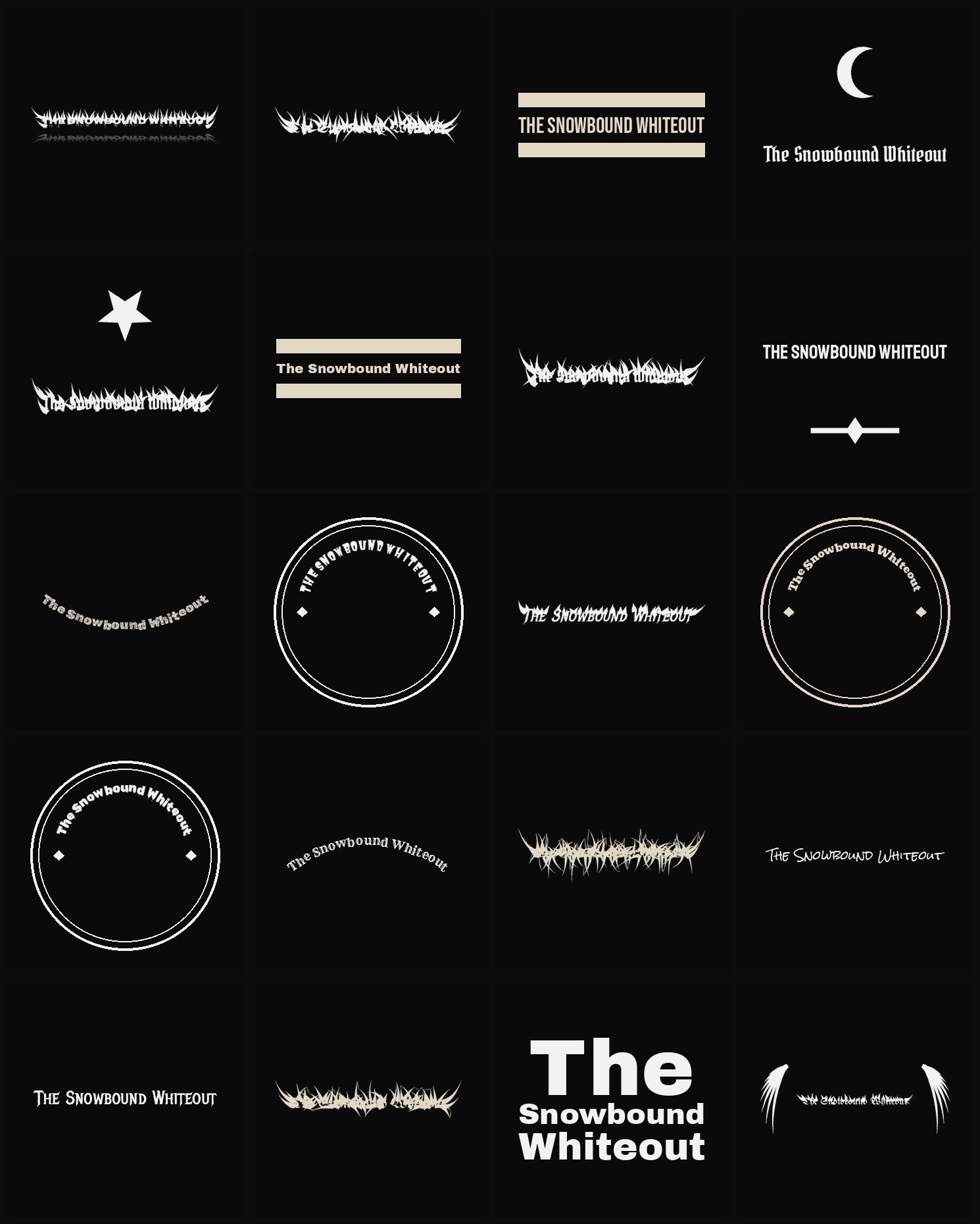 Twenty The Snowbound Whiteout band logo ideas — different faces, treatments and spike settings