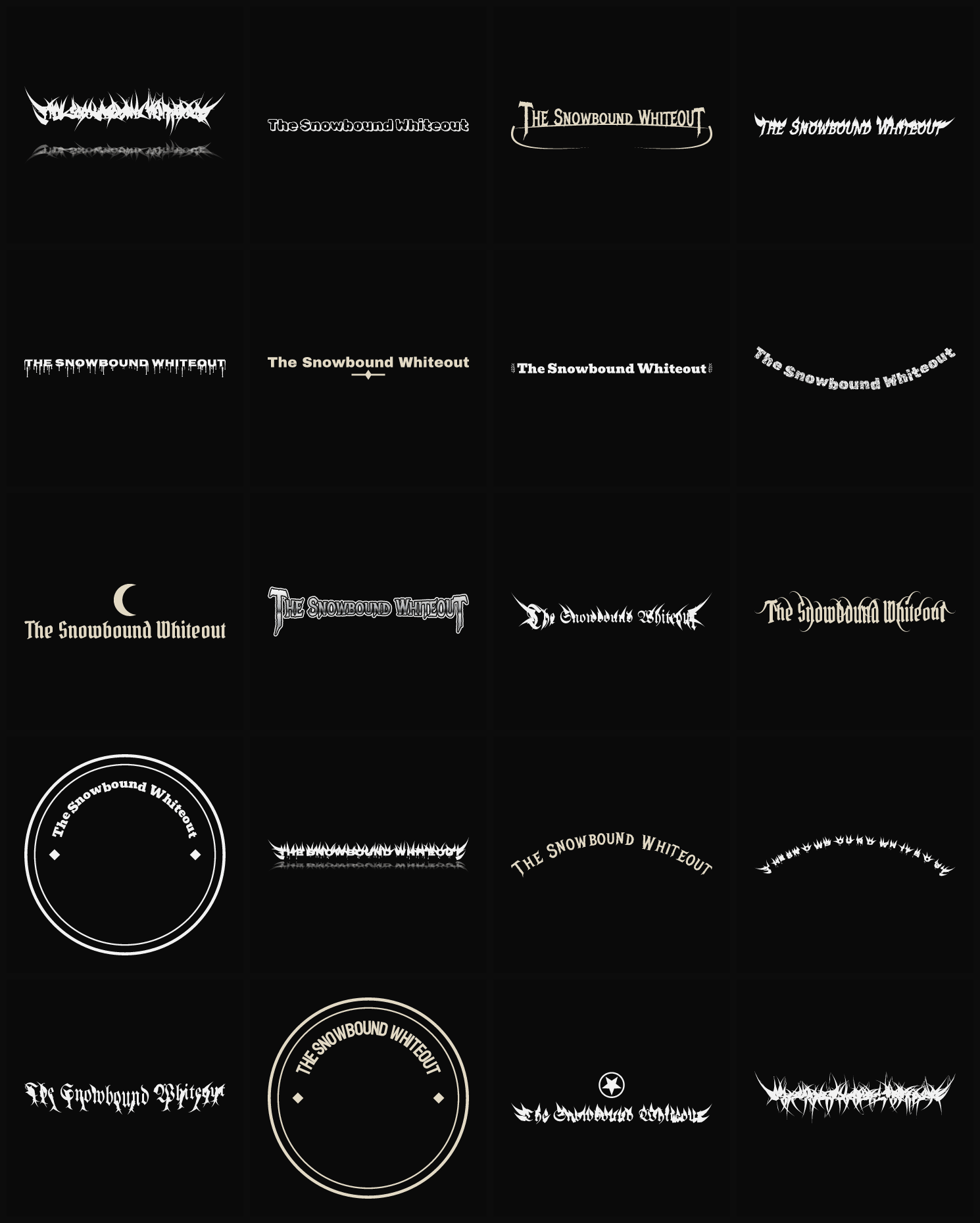 Twenty The Snowbound Whiteout band logo ideas — different faces, treatments and spike settings