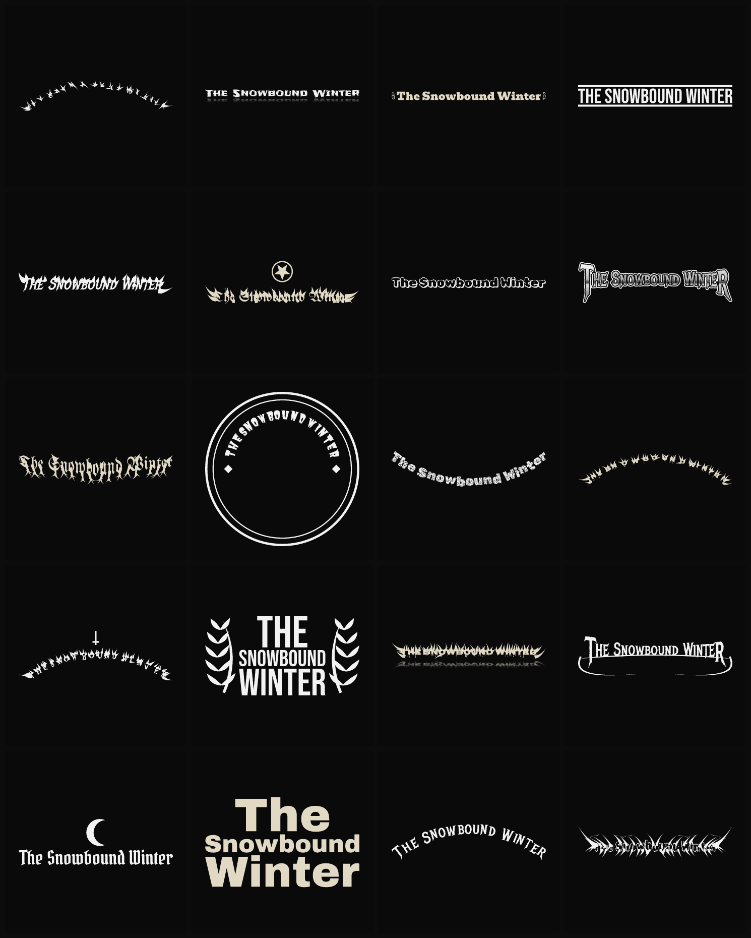 Twenty The Snowbound Winter band logo ideas — different faces, treatments and spike settings