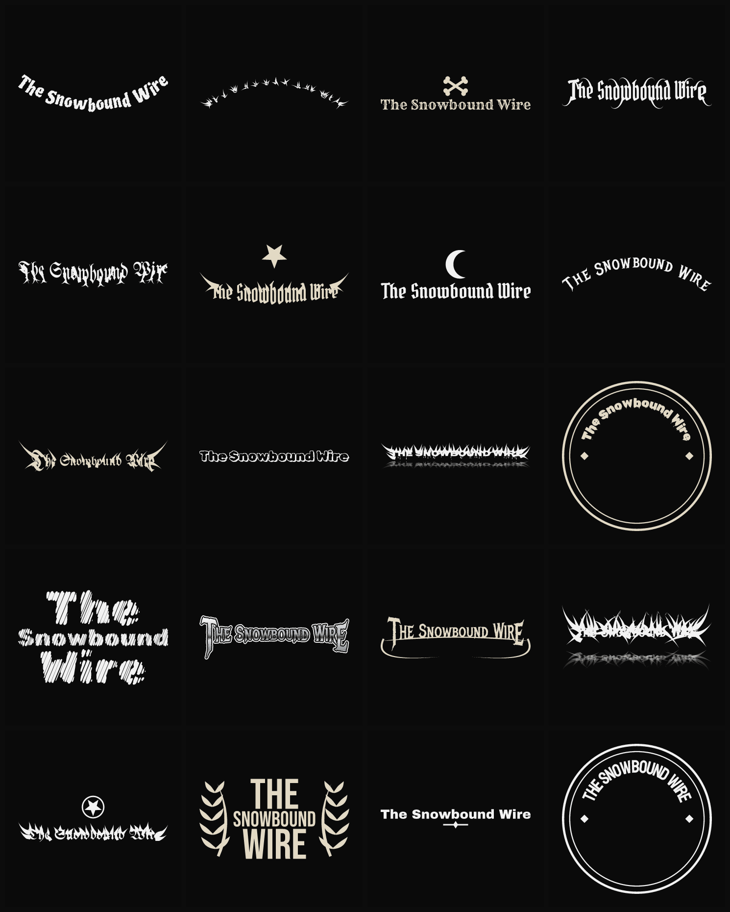Twenty The Snowbound Wire band logo ideas — different faces, treatments and spike settings