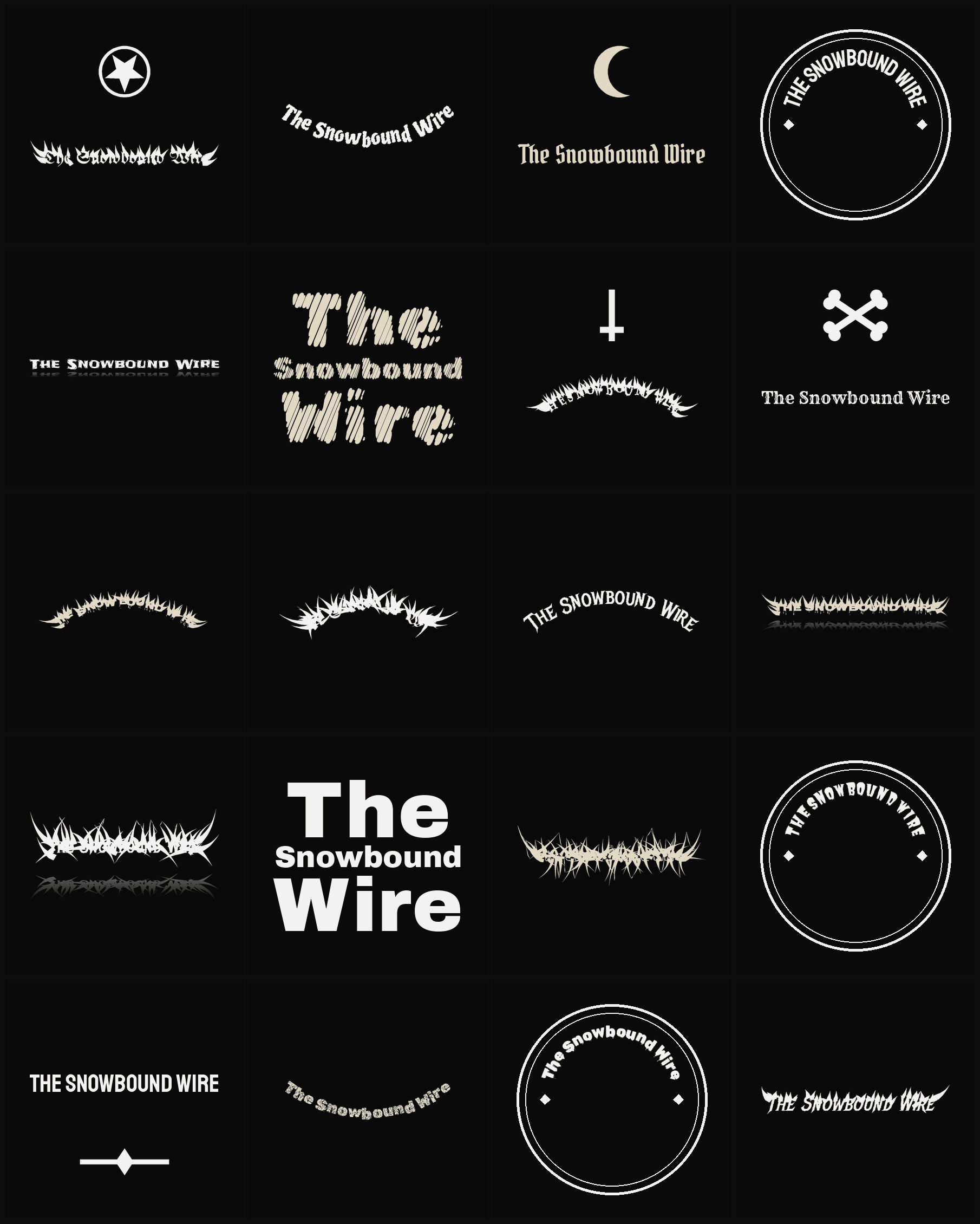 Twenty The Snowbound Wire band logo ideas — different faces, treatments and spike settings