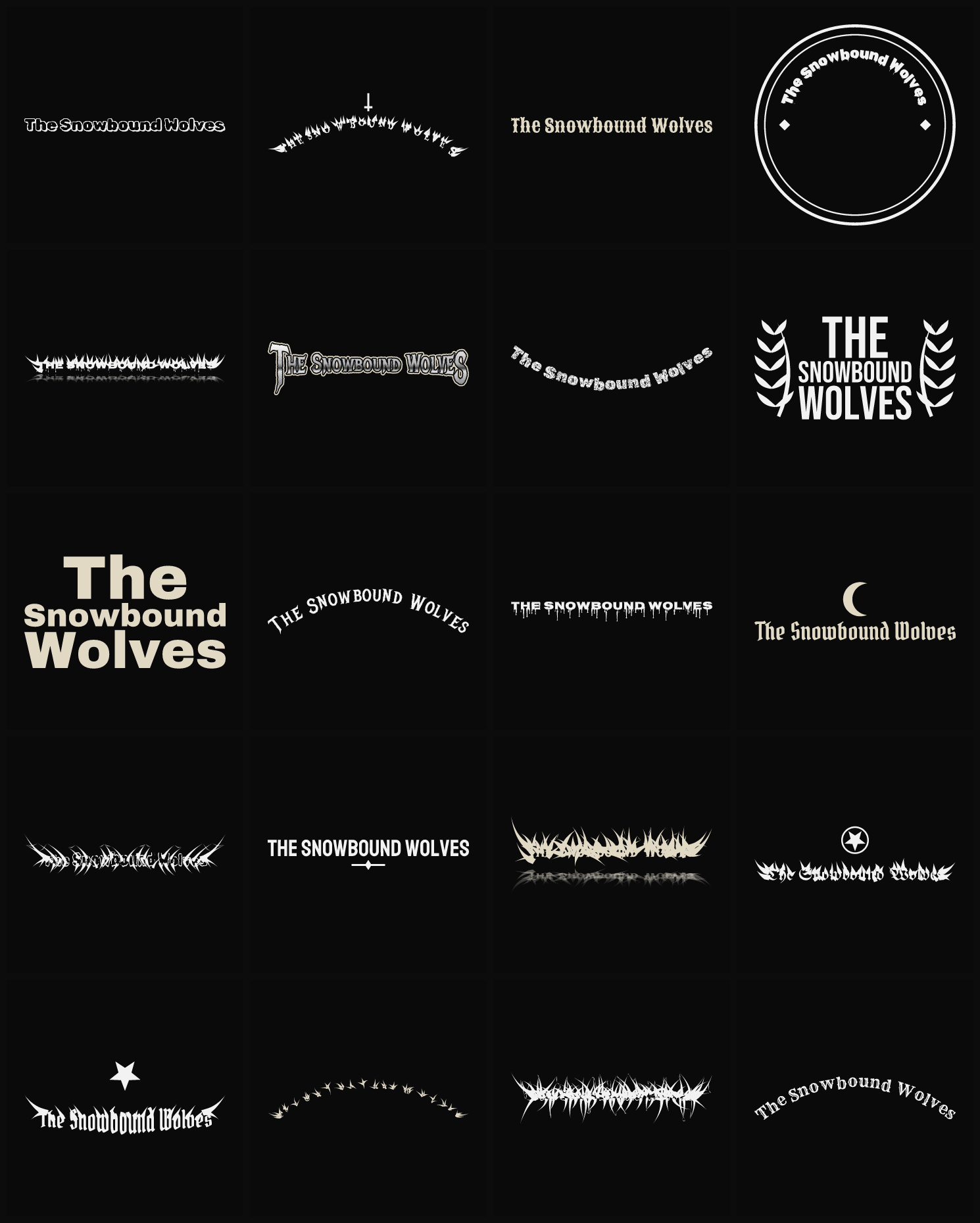 Twenty The Snowbound Wolves band logo ideas — different faces, treatments and spike settings
