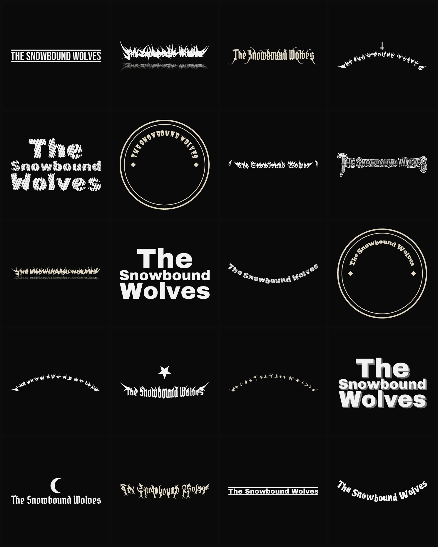 Twenty The Snowbound Wolves band logo ideas — different faces, treatments and spike settings