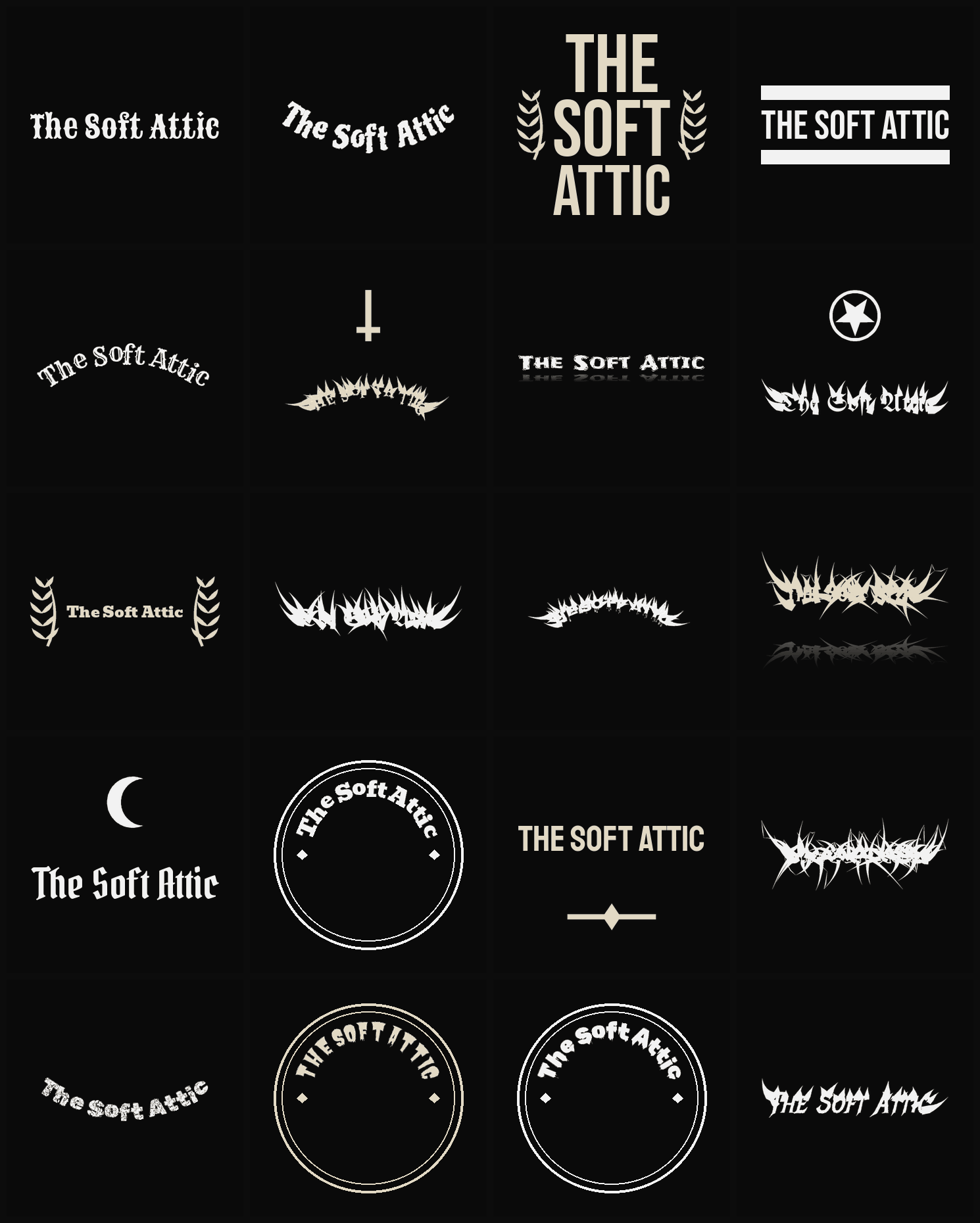 Twenty The Soft Attic band logo ideas — different faces, treatments and spike settings