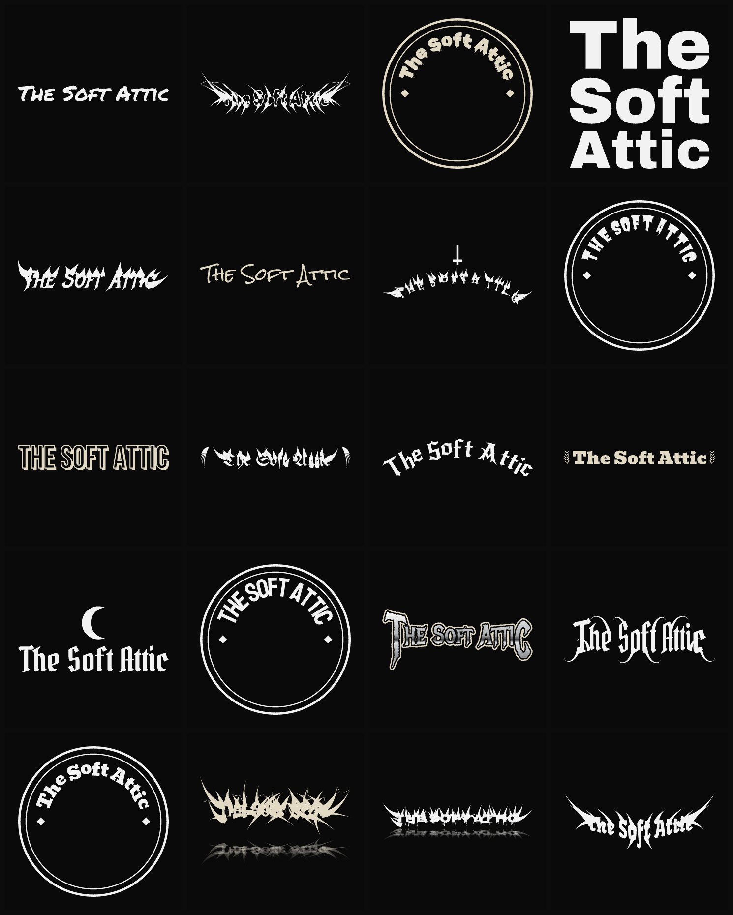 Twenty The Soft Attic band logo ideas — different faces, treatments and spike settings