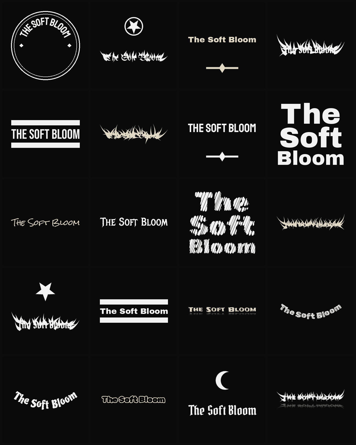 Twenty The Soft Bloom band logo ideas — different faces, treatments and spike settings