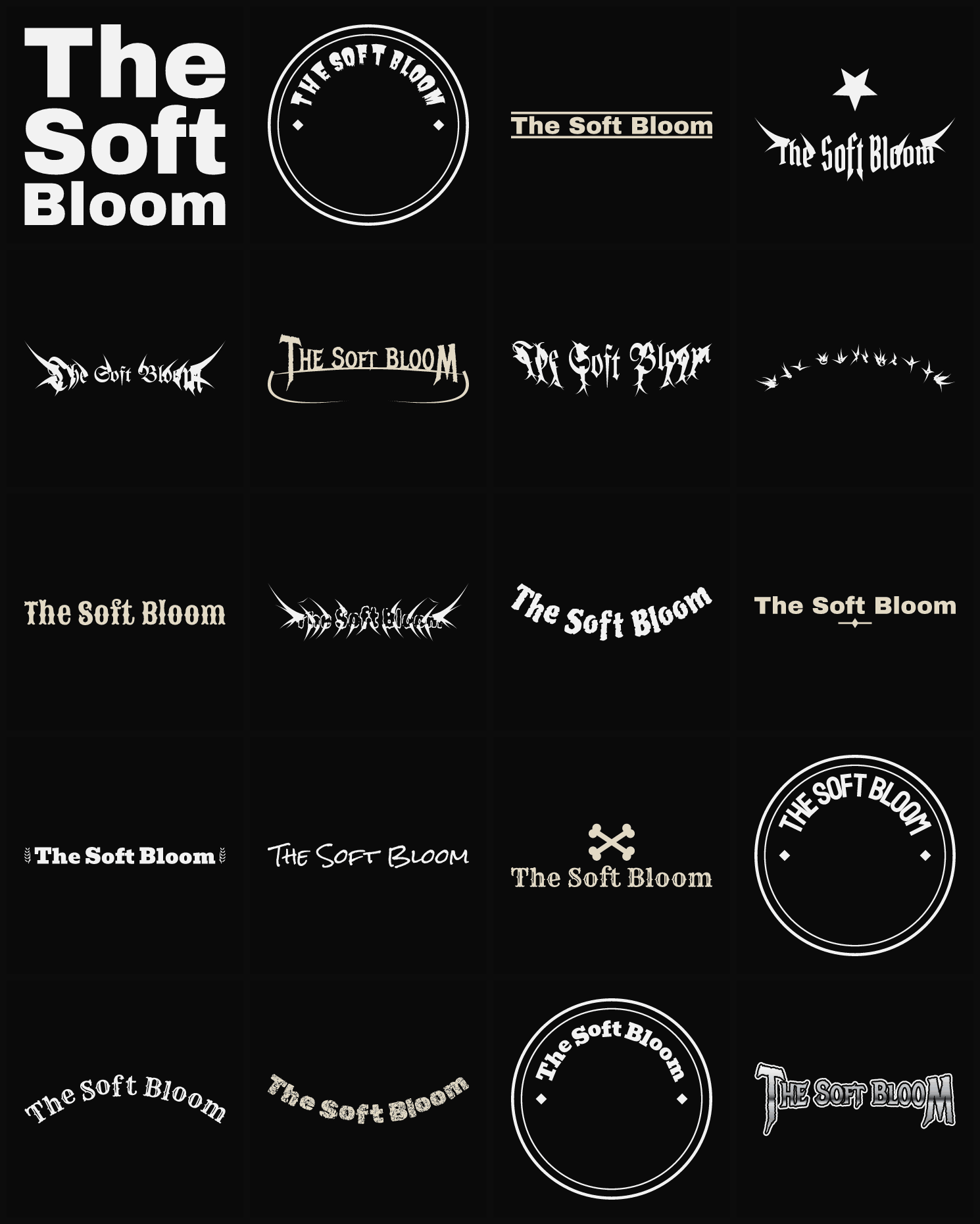 Twenty The Soft Bloom band logo ideas — different faces, treatments and spike settings