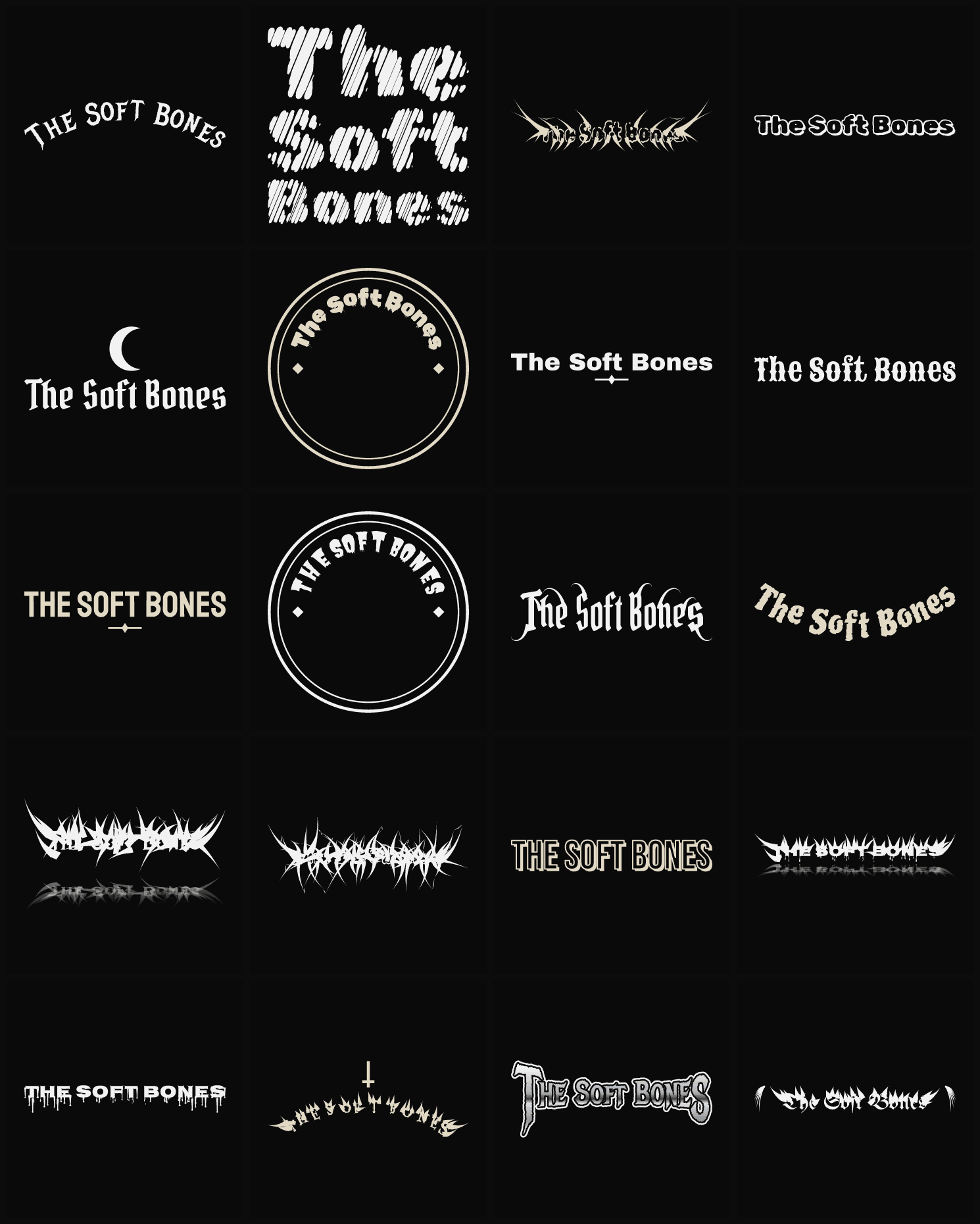 Twenty The Soft Bones band logo ideas — different faces, treatments and spike settings