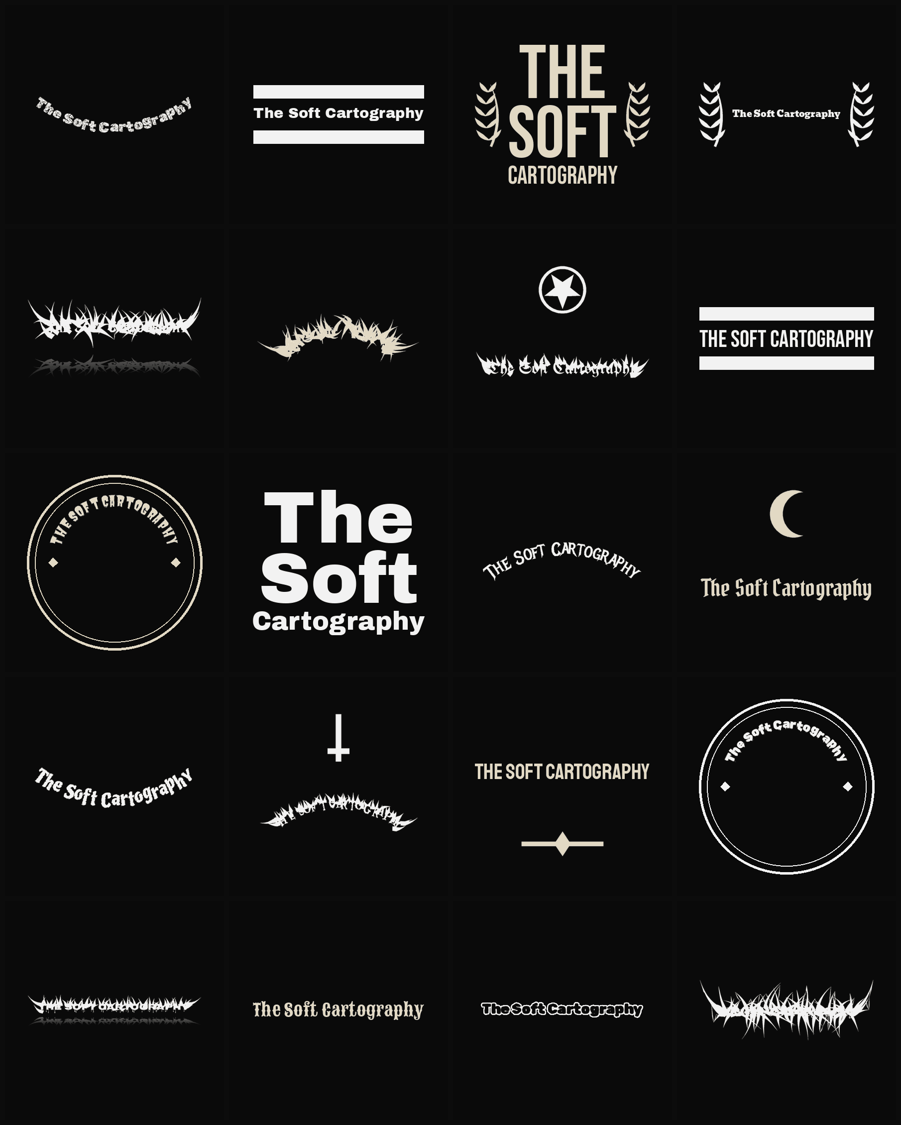 Twenty The Soft Cartography band logo ideas — different faces, treatments and spike settings