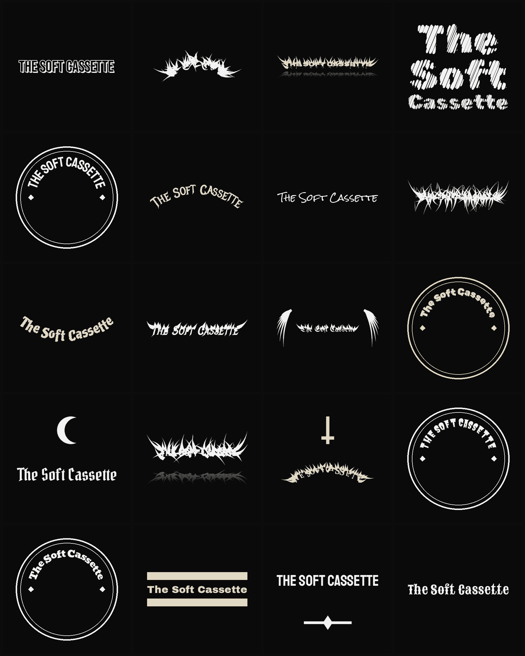 Twenty The Soft Cassette band logo ideas — different faces, treatments and spike settings