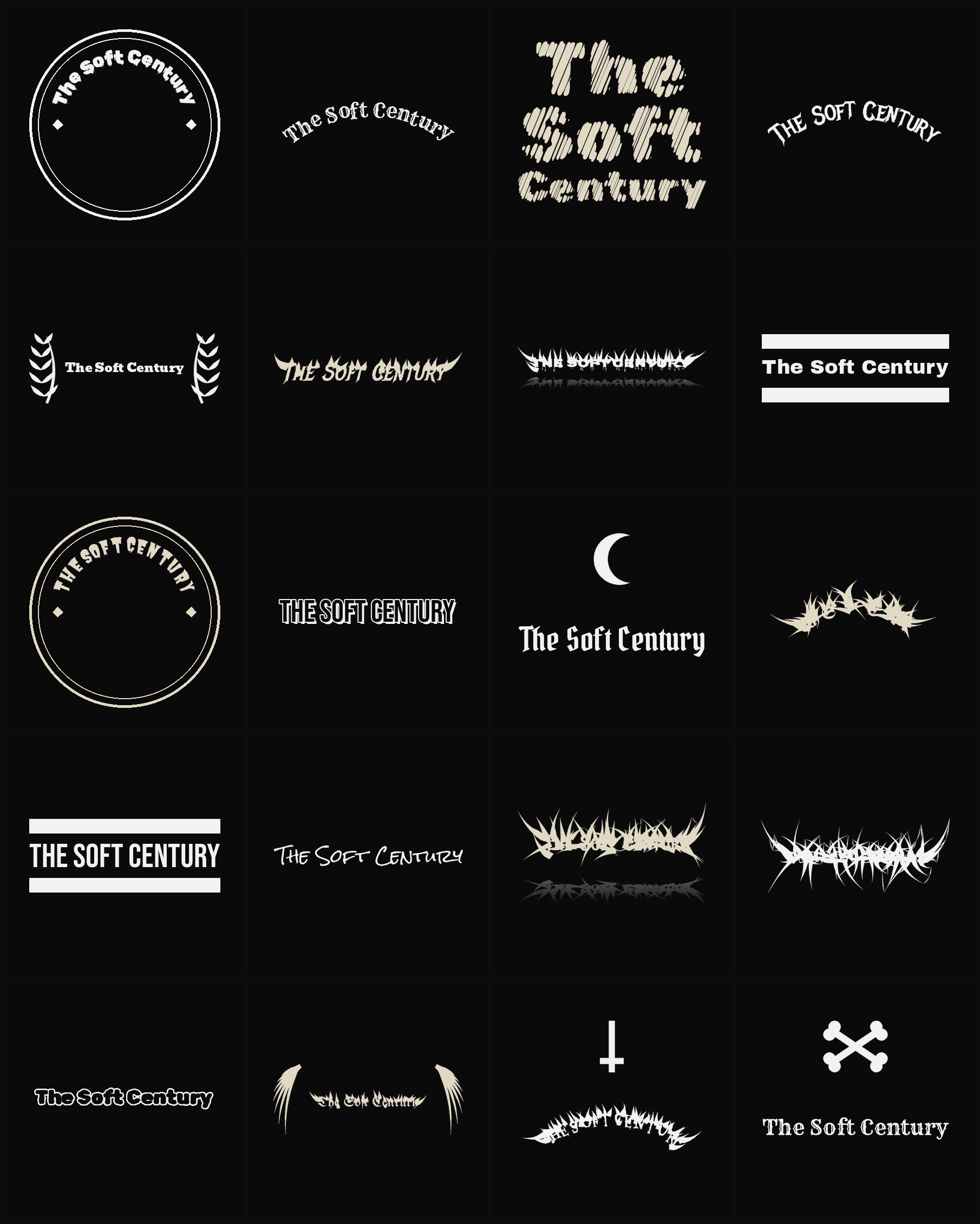Twenty The Soft Century band logo ideas — different faces, treatments and spike settings
