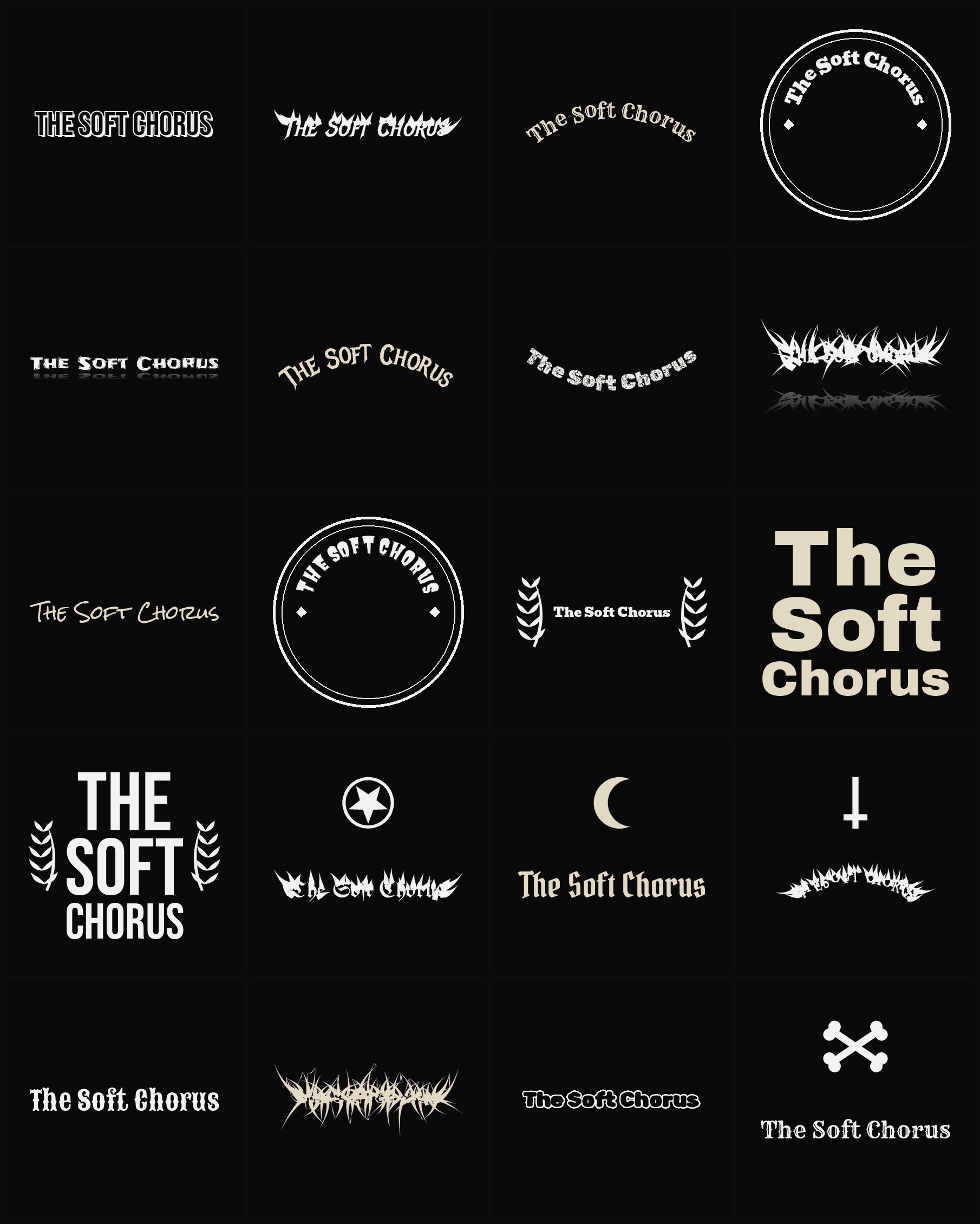 Twenty The Soft Chorus band logo ideas — different faces, treatments and spike settings