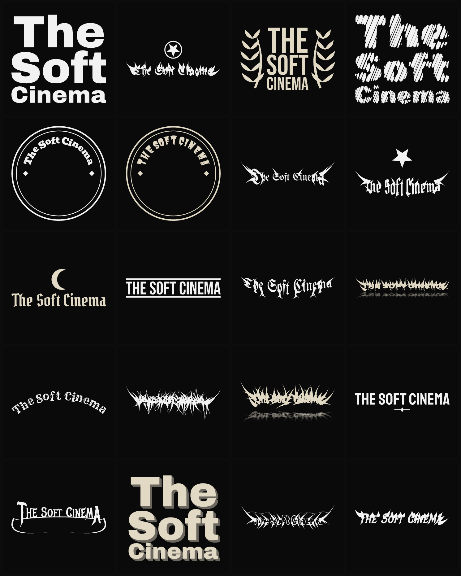 Twenty The Soft Cinema band logo ideas — different faces, treatments and spike settings