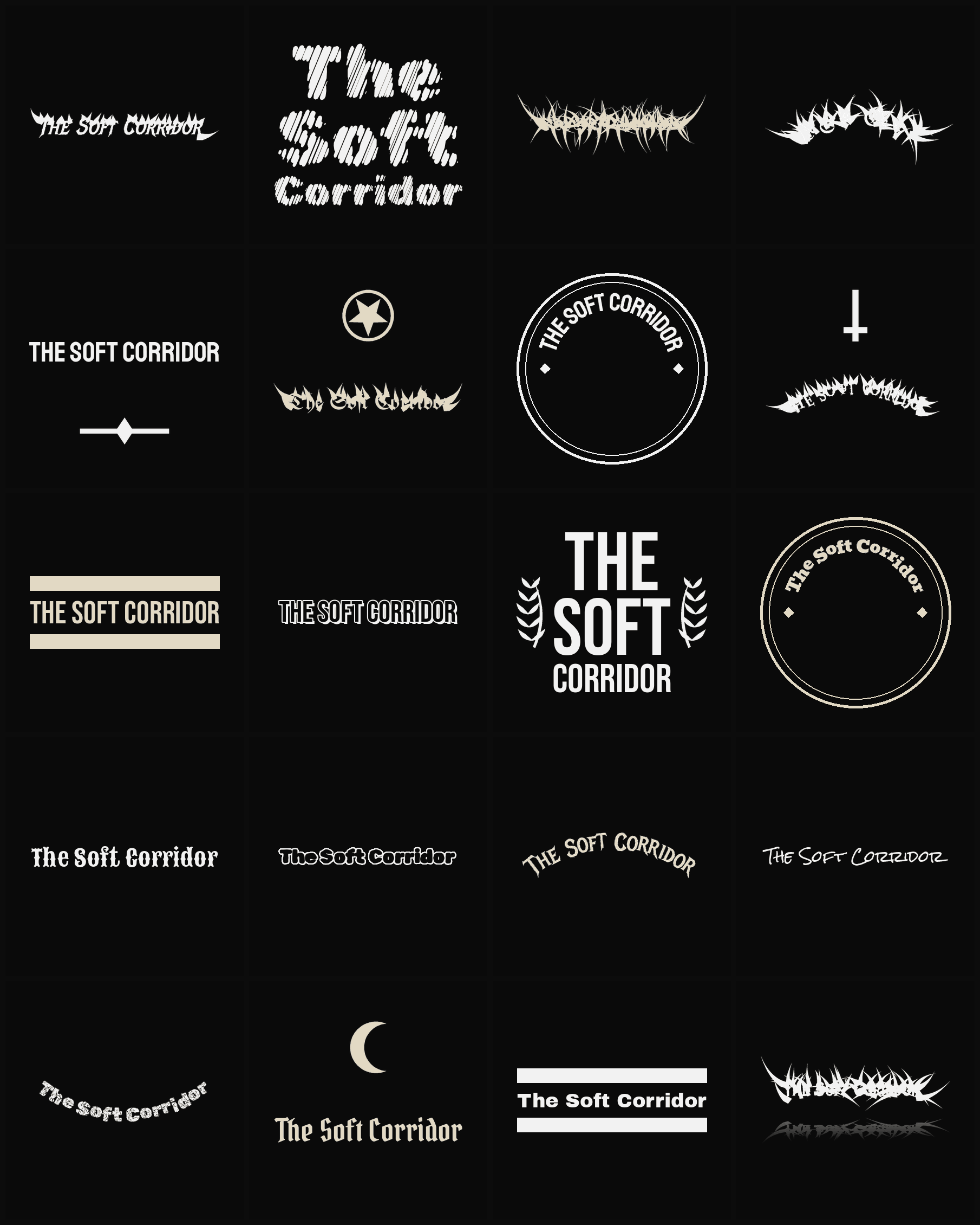 Twenty The Soft Corridor band logo ideas — different faces, treatments and spike settings